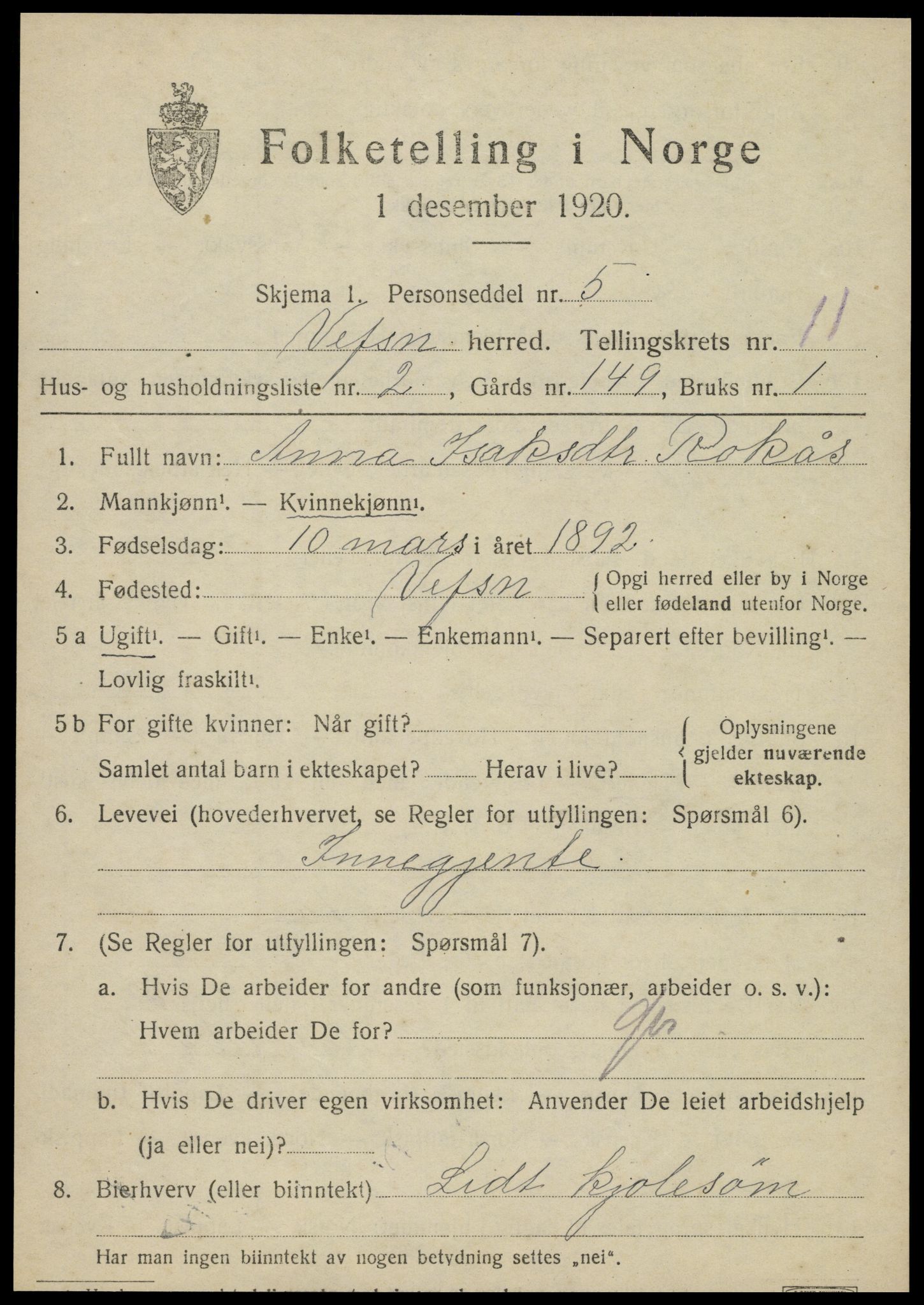 SAT, 1920 census for Vefsn, 1920, p. 8375