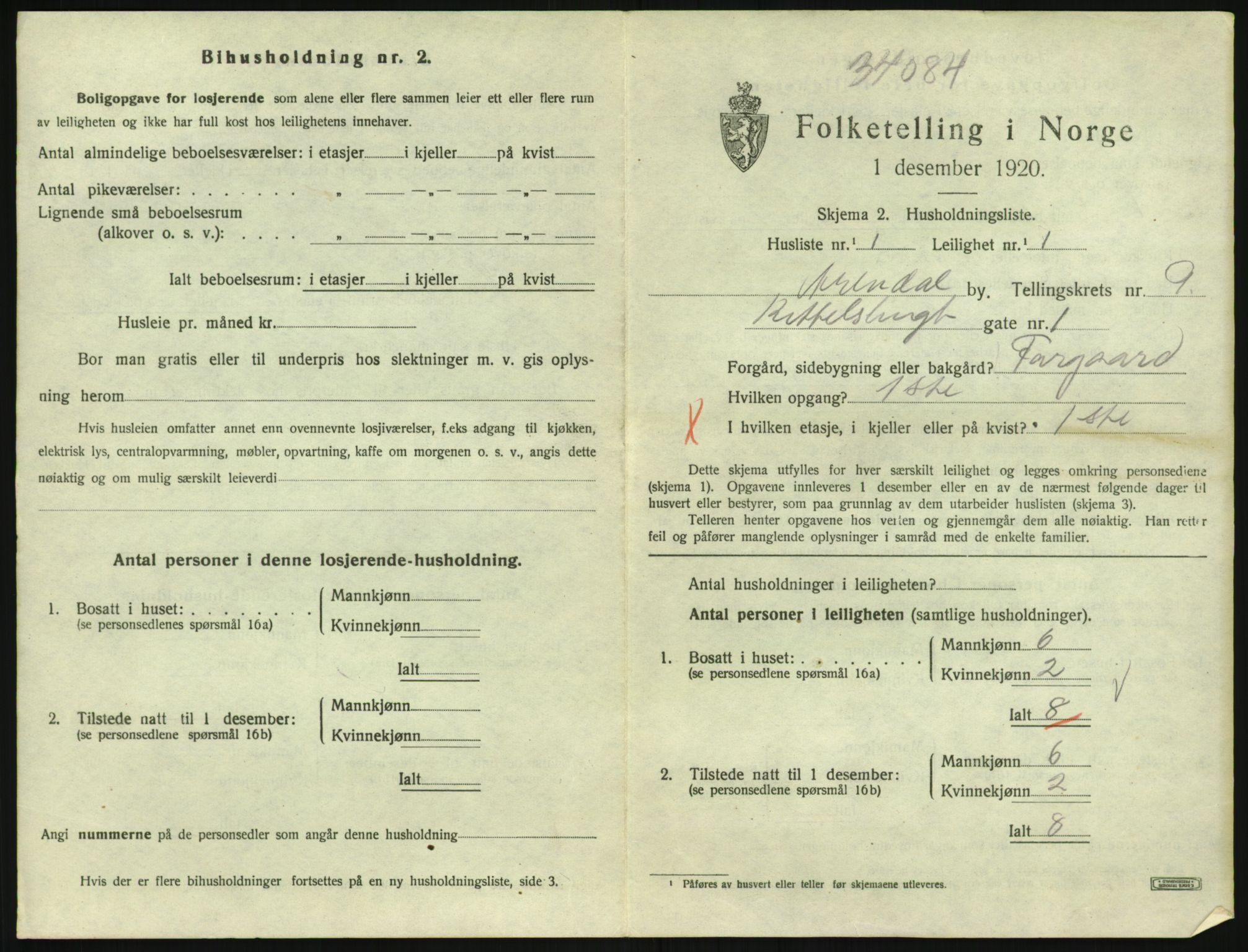 SAK, 1920 census for Arendal, 1920, p. 5806