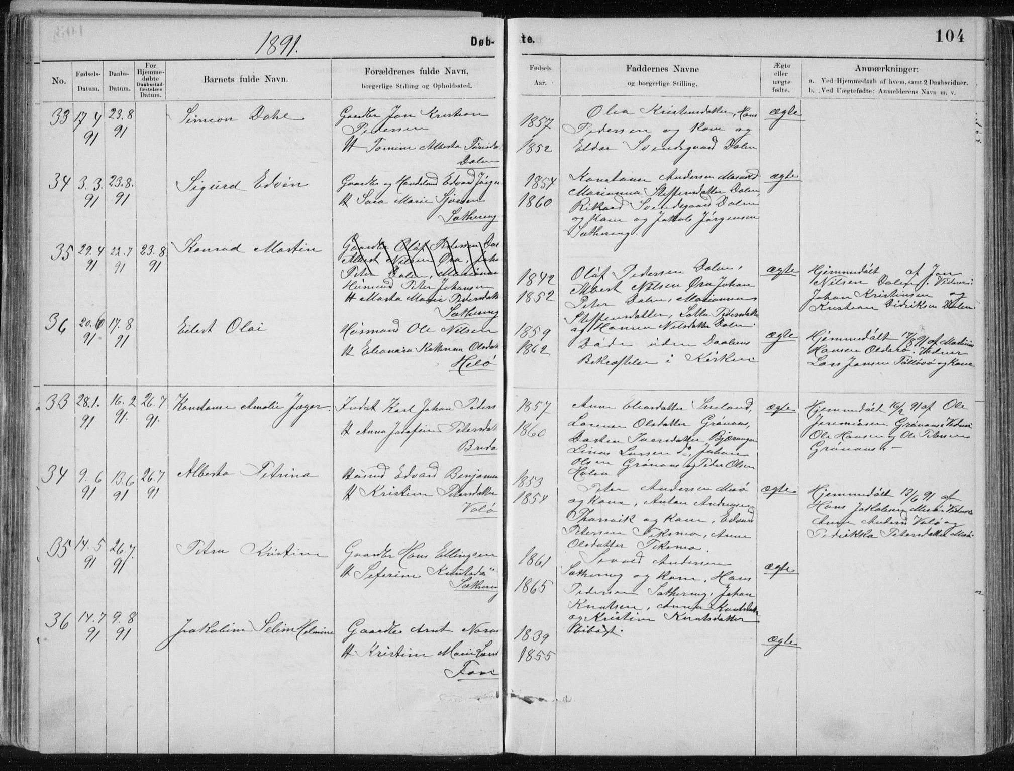 Ministerialprotokoller, klokkerbøker og fødselsregistre - Nordland, AV/SAT-A-1459/843/L0636: Parish register (copy) no. 843C05, 1884-1909, p. 104