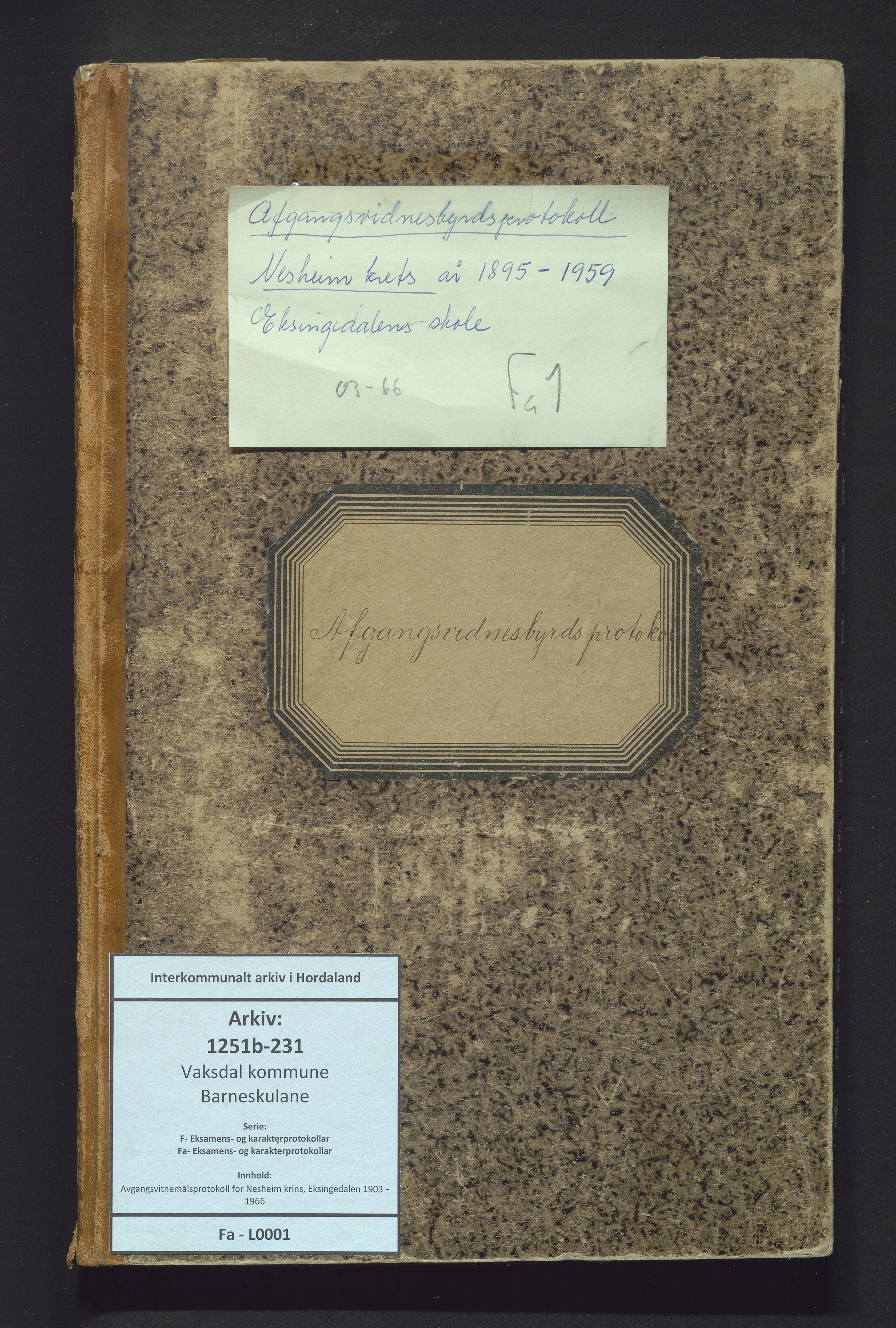 Vaksdal kommune. Barneskulane, IKAH/1251b-231/F/Fa/L0001: Avgangsvitnemålsprotokoll for Nesheim krins, Eksingedalen, 1903-1966