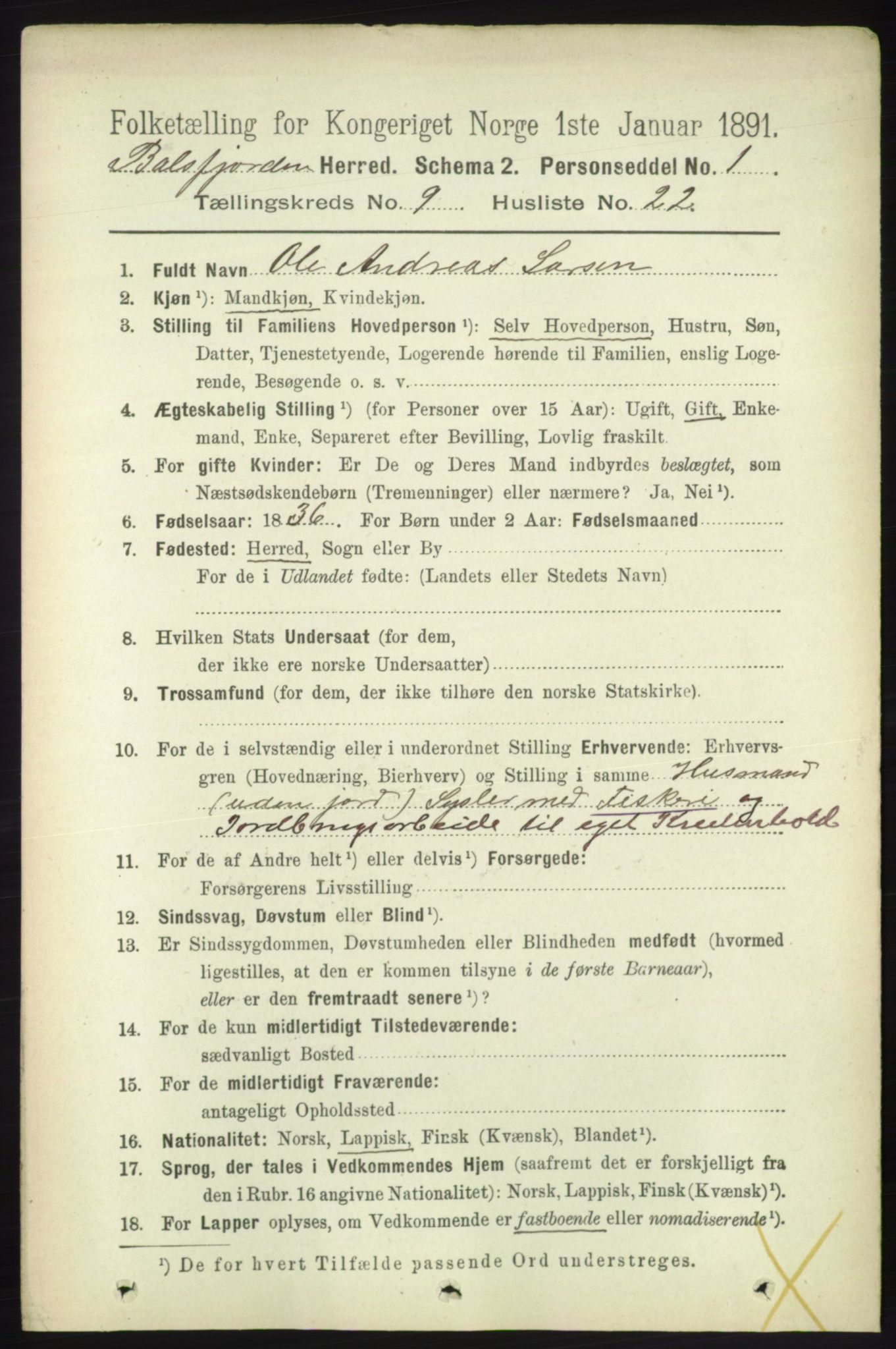 RA, 1891 census for 1933 Balsfjord, 1891, p. 3284