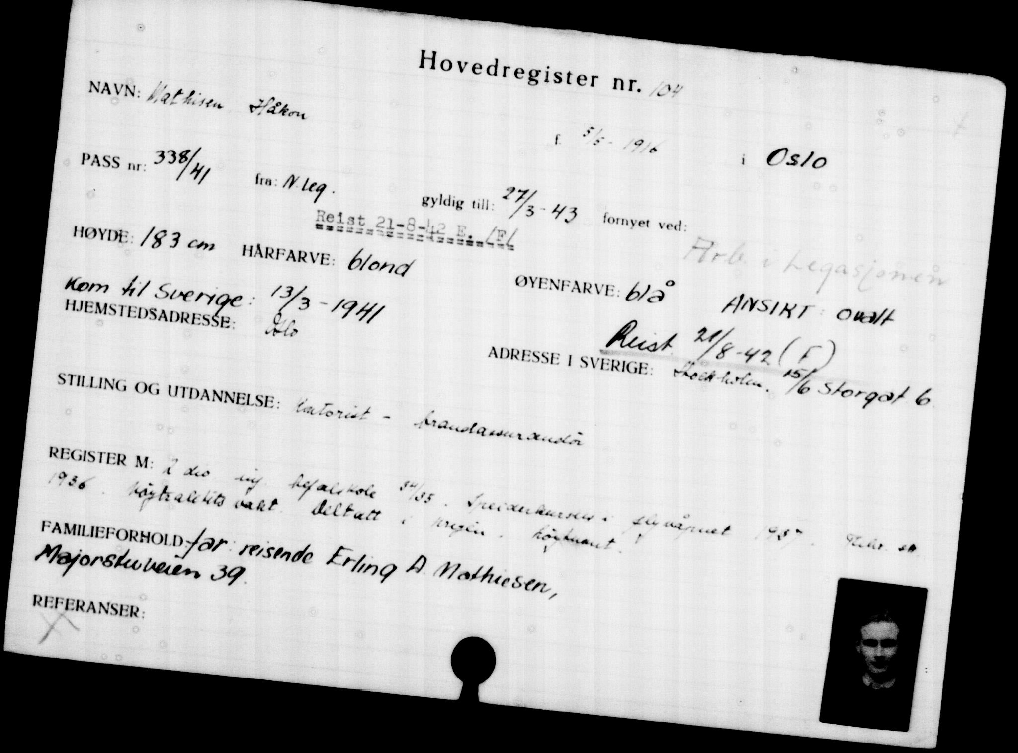 Utenriksstasjonene, Legasjonen i Stockholm, Flyktningkontoret, AV/RA-S-6753/V/Va/L0001: Kjesäterkartoteket, flyktninger med registreringsnr. 1-1000, 1940-1945, p. 175