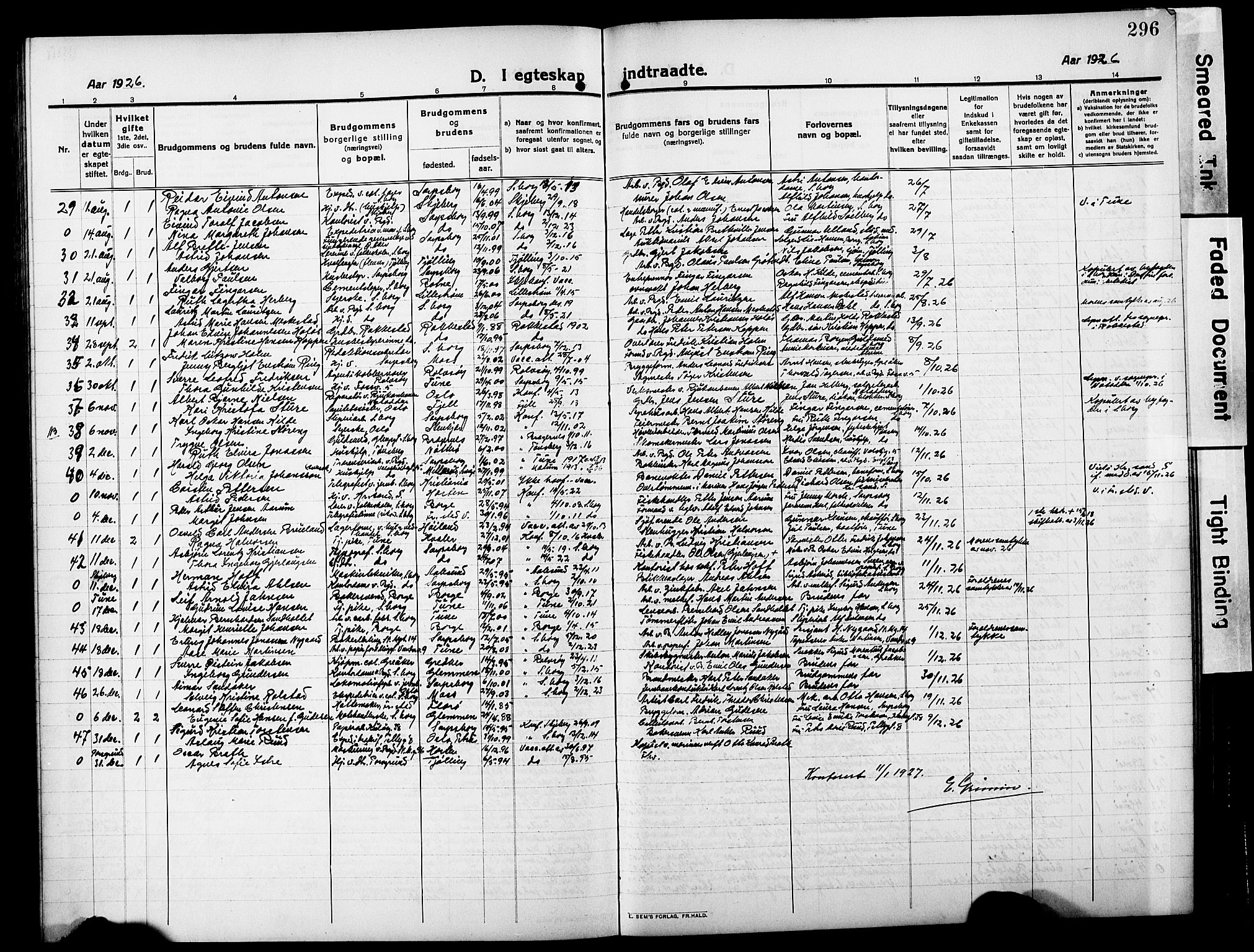 Sarpsborg prestekontor Kirkebøker, AV/SAO-A-2006/G/Ga/L0002: Parish register (copy) no. 2, 1912-1931, p. 296