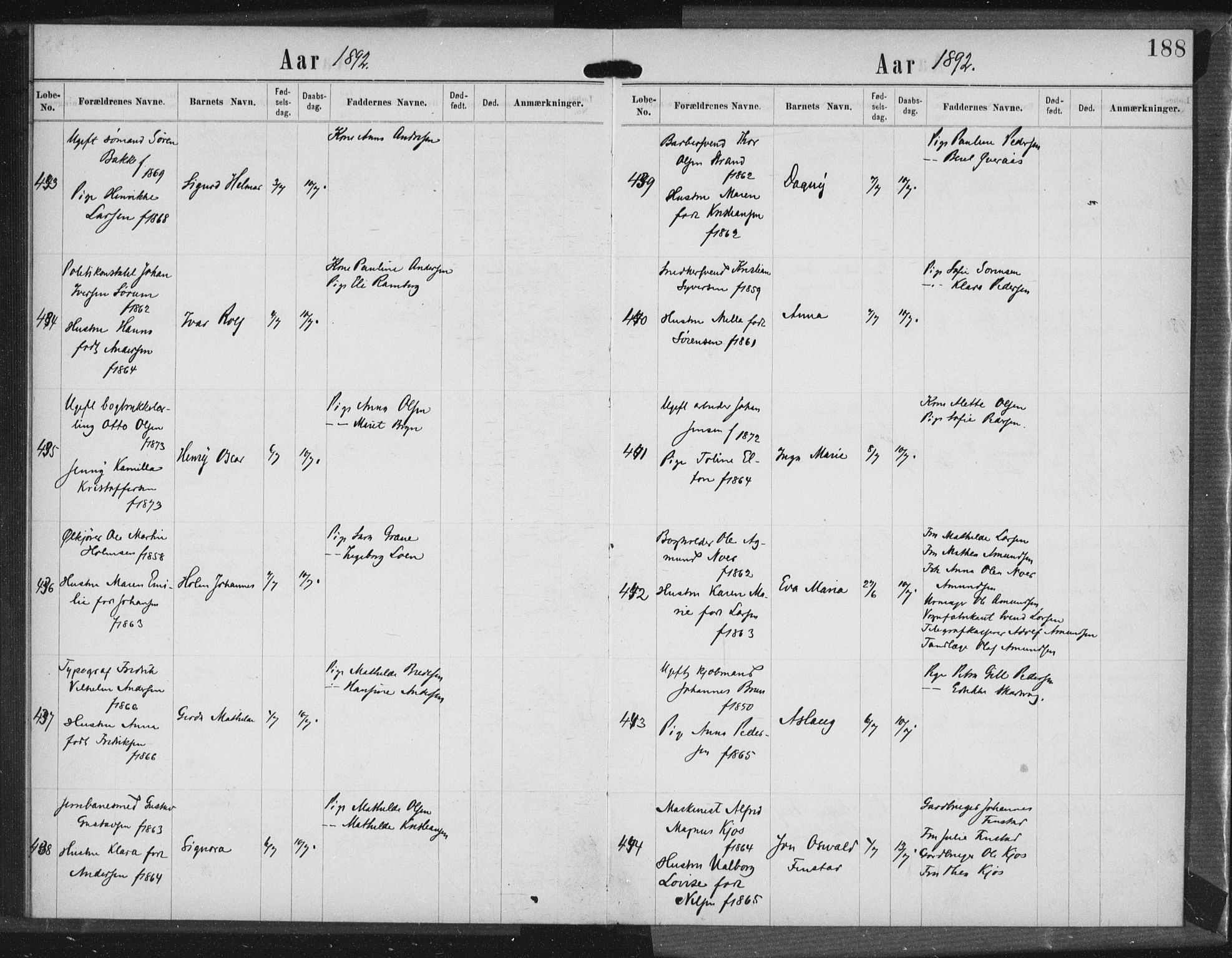 Rikshospitalet prestekontor Kirkebøker, SAO/A-10309b/K/L0003/0003: Baptism register no. 3.3, 1889-1892, p. 188