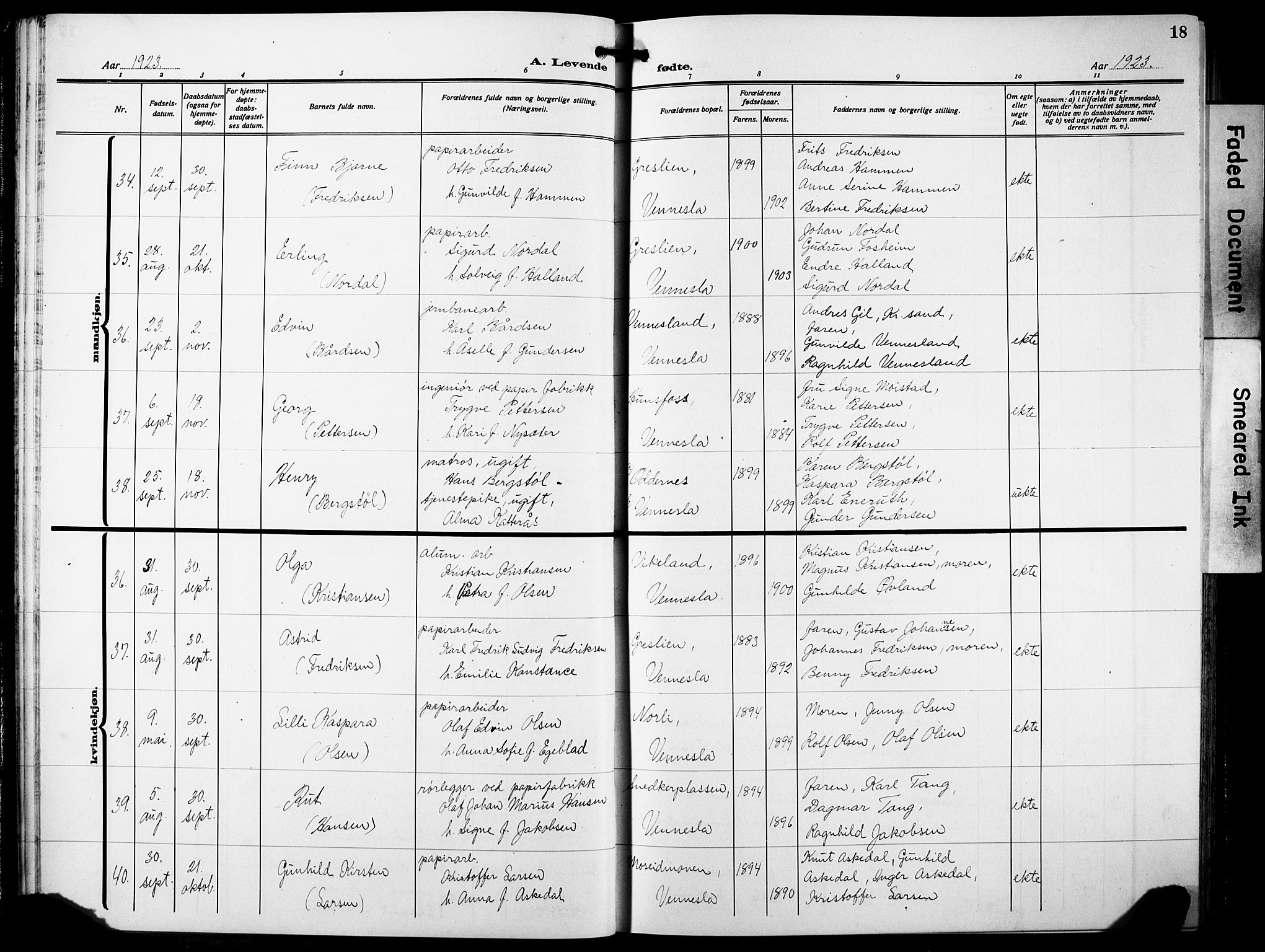 Vennesla sokneprestkontor, SAK/1111-0045/Fb/Fbb/L0007: Parish register (copy) no. B 7, 1922-1933, p. 18