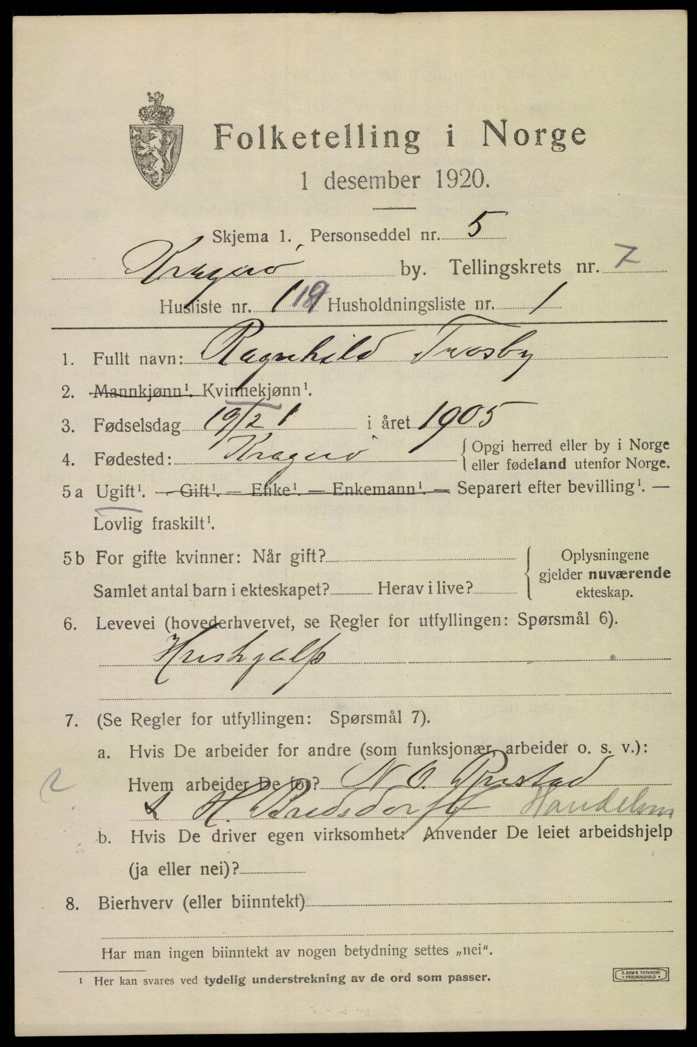 SAKO, 1920 census for Kragerø, 1920, p. 11067