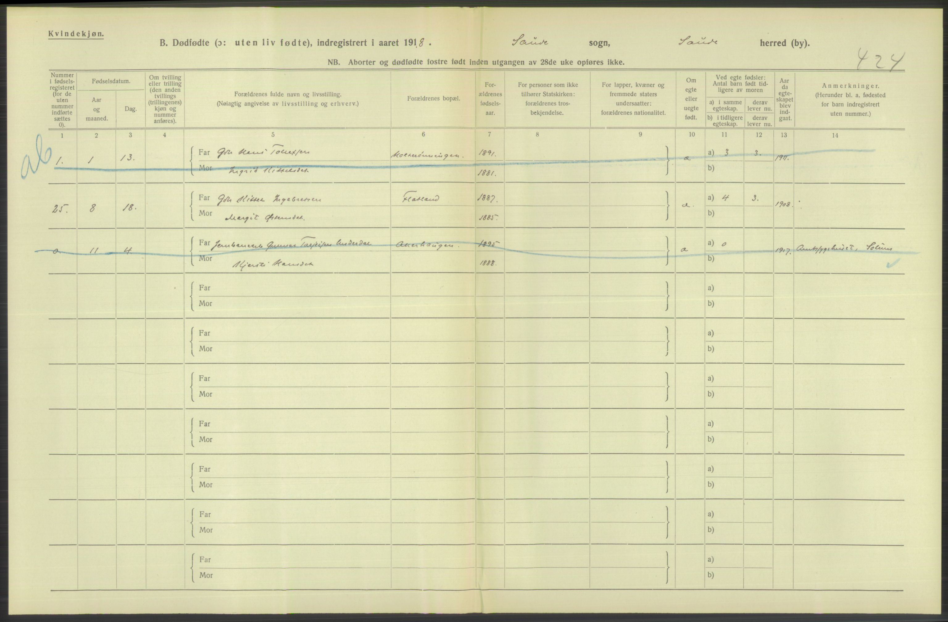 Statistisk sentralbyrå, Sosiodemografiske emner, Befolkning, RA/S-2228/D/Df/Dfb/Dfbh/L0025: Telemark fylke: Gifte, dødfødte. Bygder og byer., 1918, p. 352