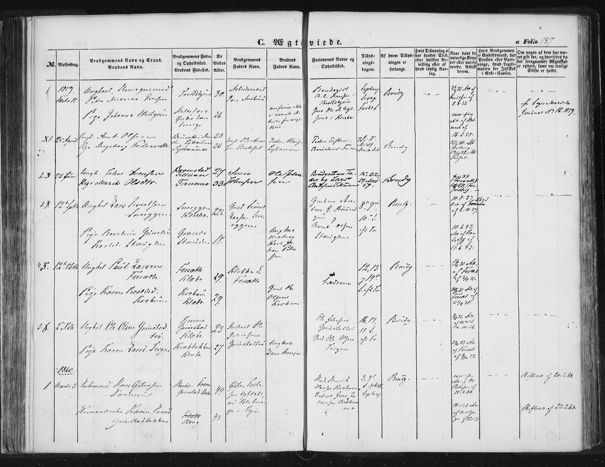 Ministerialprotokoller, klokkerbøker og fødselsregistre - Sør-Trøndelag, SAT/A-1456/618/L0441: Parish register (official) no. 618A05, 1843-1862, p. 187