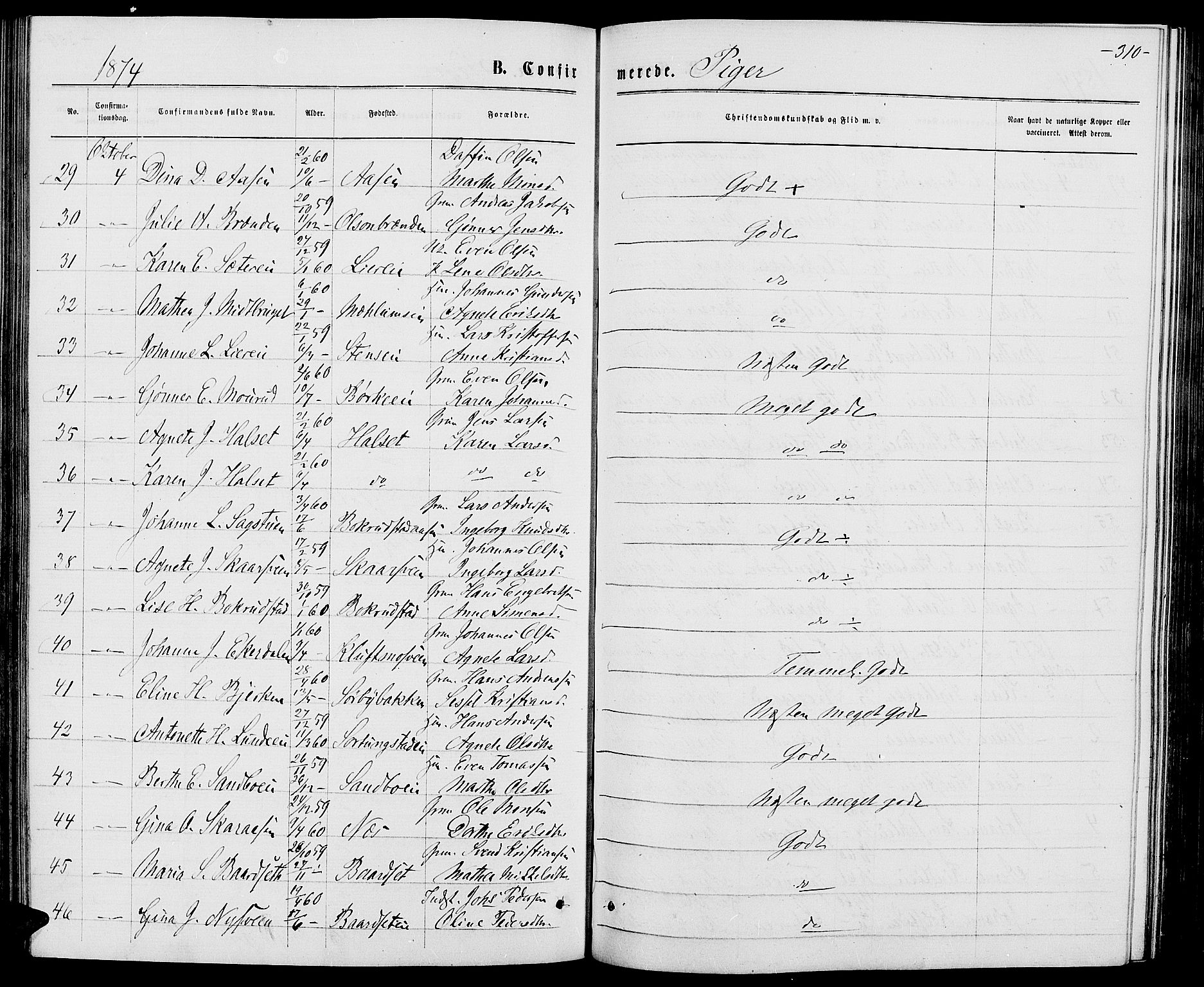 Ringsaker prestekontor, AV/SAH-PREST-014/L/La/L0008: Parish register (copy) no. 8, 1870-1878, p. 310