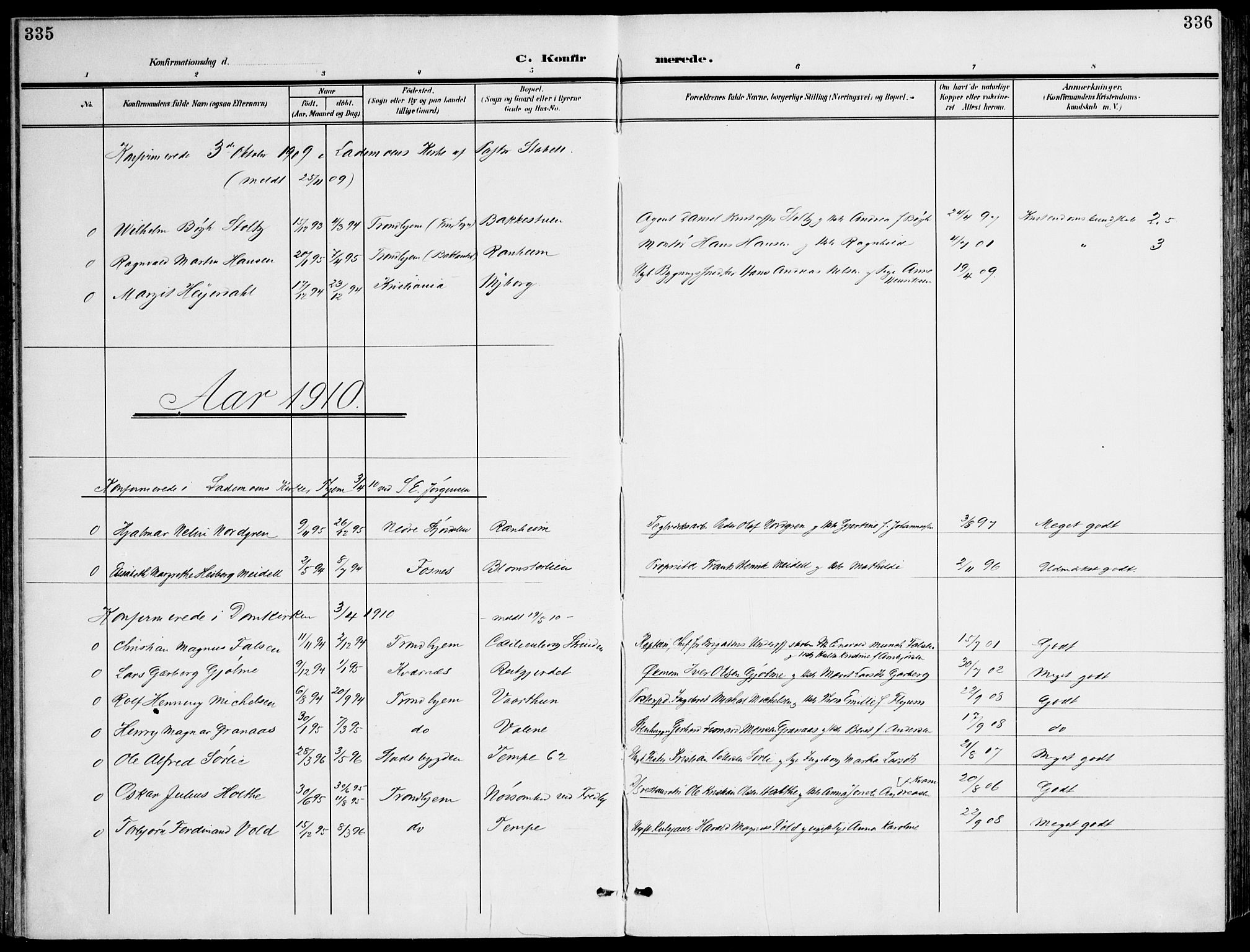 Ministerialprotokoller, klokkerbøker og fødselsregistre - Sør-Trøndelag, SAT/A-1456/607/L0320: Parish register (official) no. 607A04, 1907-1915, p. 335-336