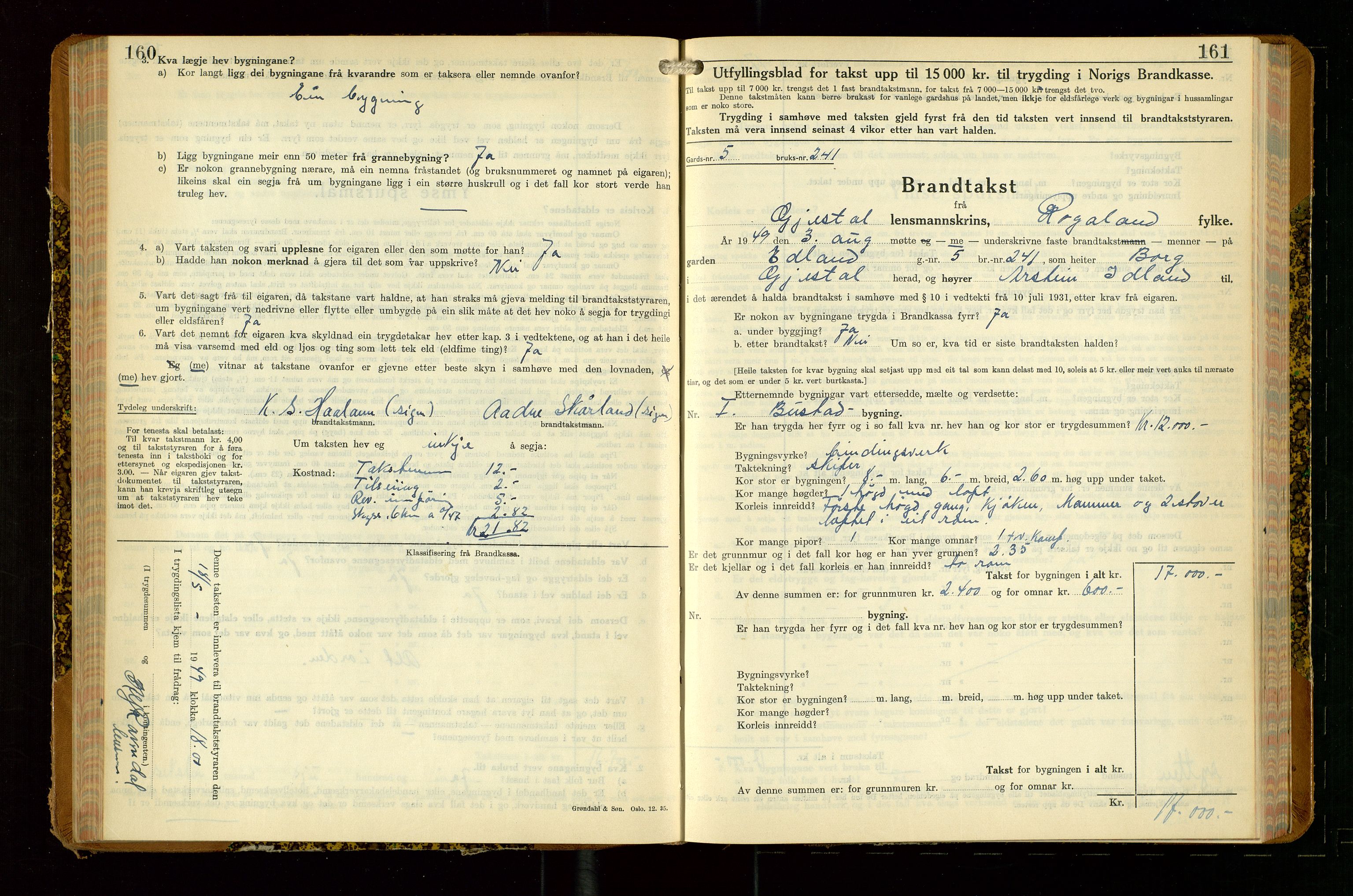Gjesdal lensmannskontor, SAST/A-100441/Go/L0008: Branntakstskjemaprotokoll, 1937-1955, p. 160-161