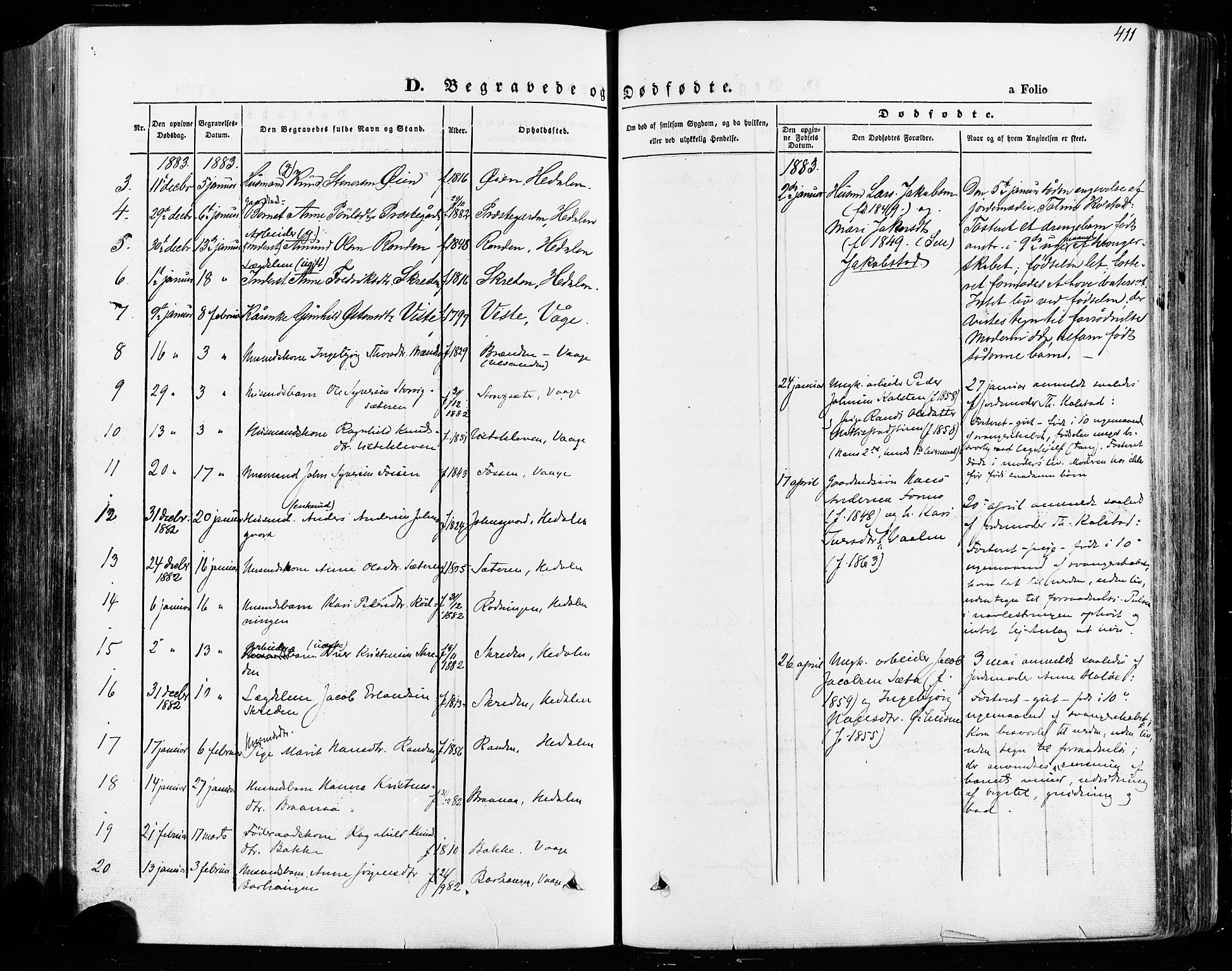 Vågå prestekontor, SAH/PREST-076/H/Ha/Haa/L0007: Parish register (official) no. 7 /1, 1872-1886, p. 411