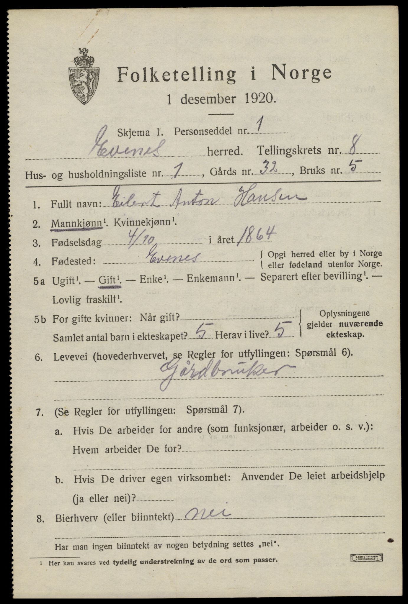 SAT, 1920 census for Evenes, 1920, p. 6530