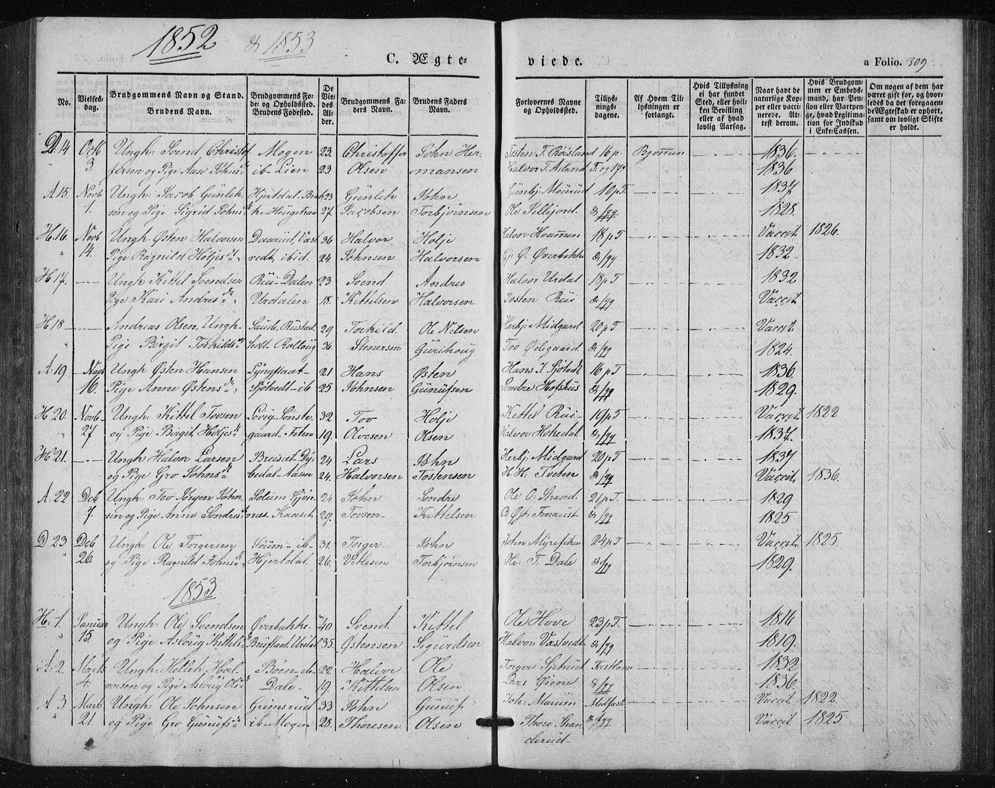 Tinn kirkebøker, SAKO/A-308/F/Fa/L0005: Parish register (official) no. I 5, 1844-1856, p. 309