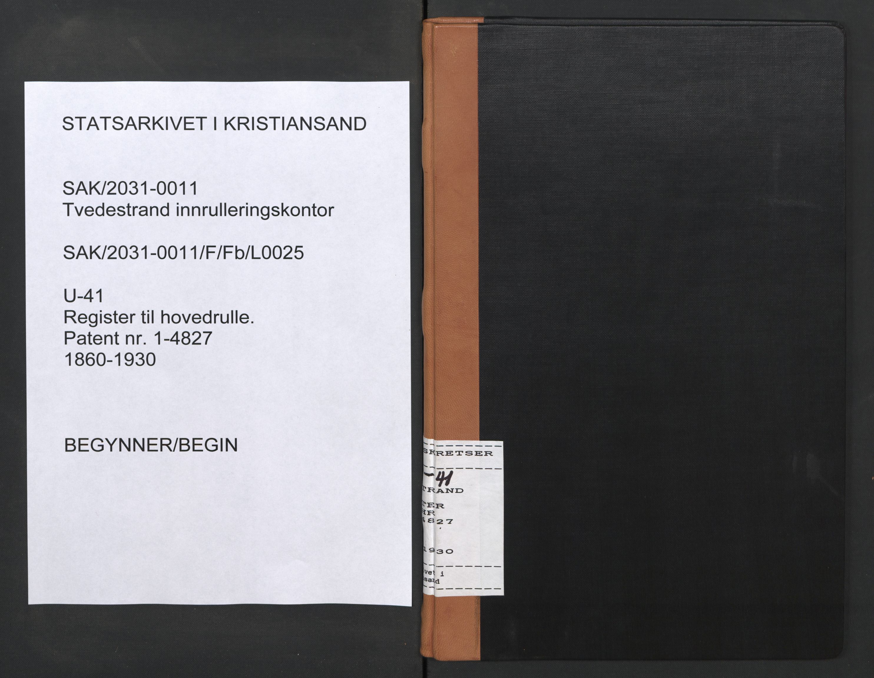 Tvedestrand mønstringskrets, SAK/2031-0011/F/Fb/L0025: Register til hovedrulle nr 1-4827, U-41, 1860-1930, p. 1