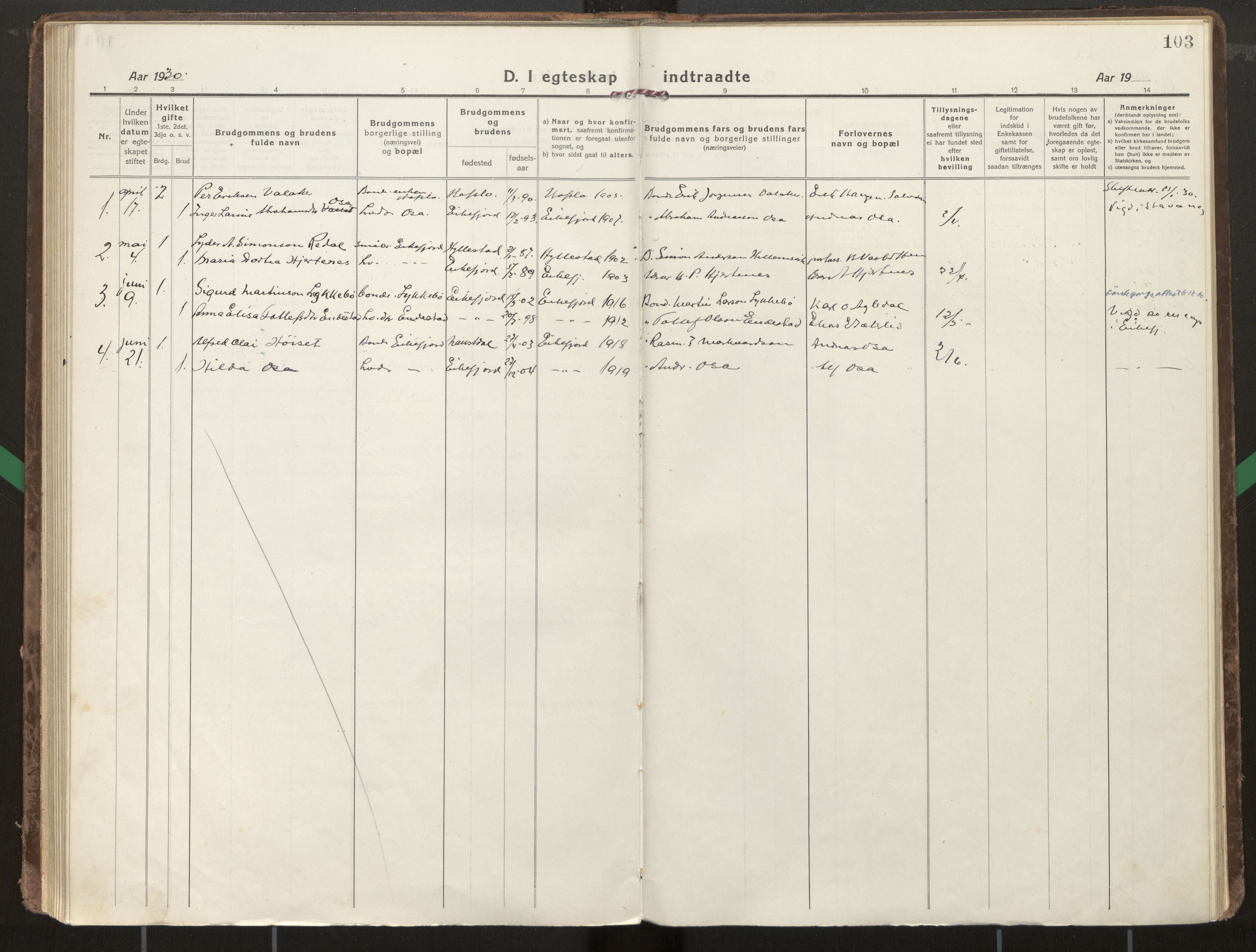 Kinn sokneprestembete, SAB/A-80801/H/Haa/Haae/L0002: Parish register (official) no. E 2, 1917-1937, p. 103