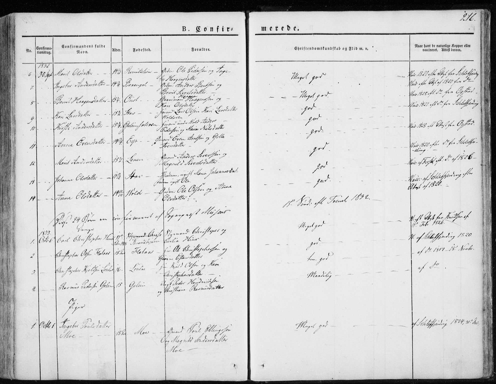Ministerialprotokoller, klokkerbøker og fødselsregistre - Sør-Trøndelag, SAT/A-1456/691/L1069: Parish register (official) no. 691A04, 1826-1841, p. 216