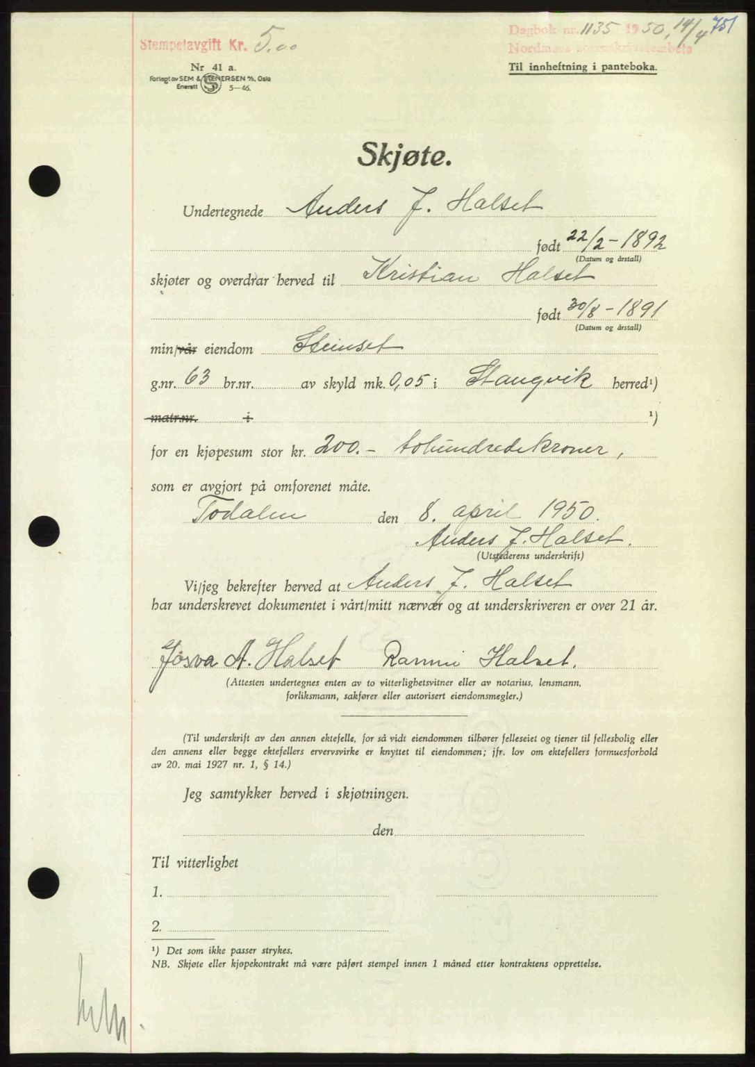 Nordmøre sorenskriveri, AV/SAT-A-4132/1/2/2Ca: Mortgage book no. A114, 1950-1950, Diary no: : 1135/1950