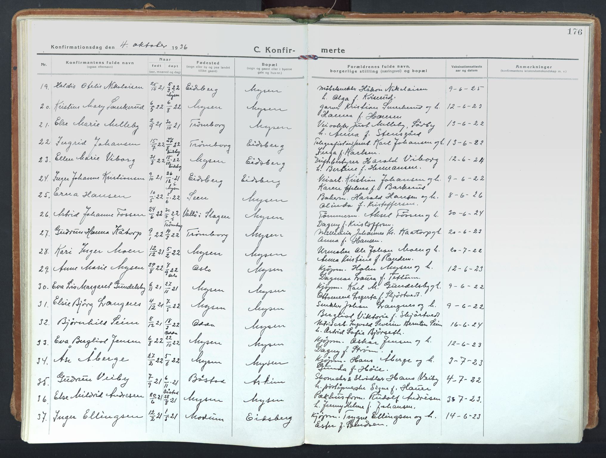 Eidsberg prestekontor Kirkebøker, SAO/A-10905/F/Fd/L0001: Parish register (official) no. IV 1, 1921-1948, p. 176