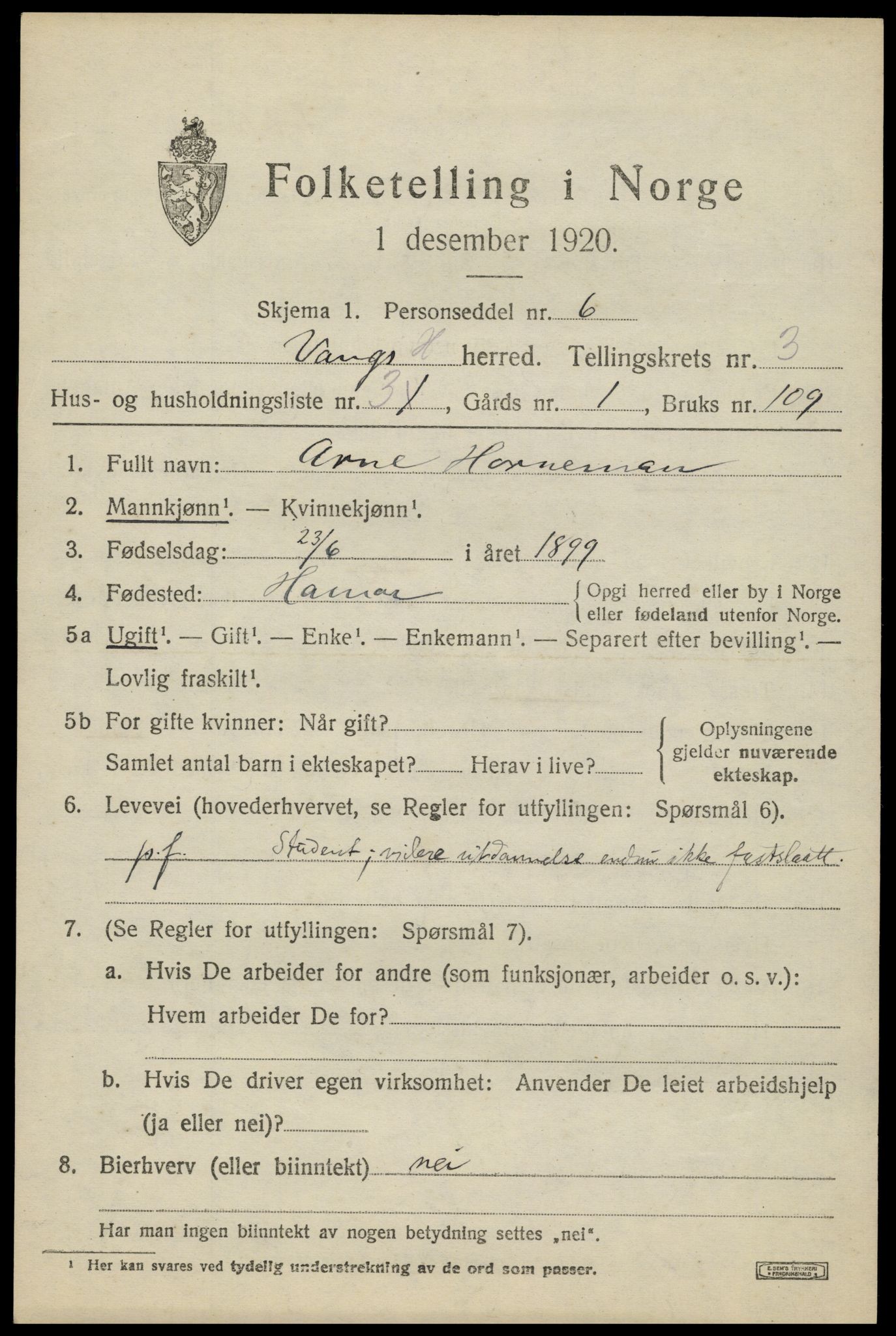 SAH, 1920 census for Vang (Hedmark), 1920, p. 9175