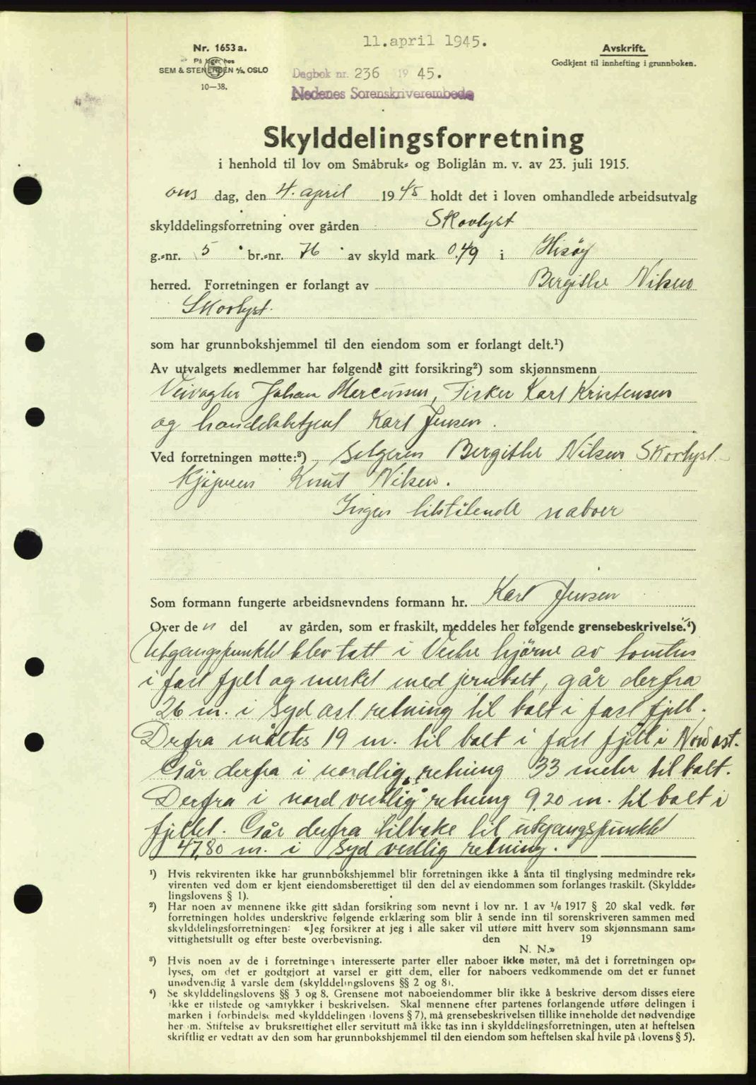 Nedenes sorenskriveri, AV/SAK-1221-0006/G/Gb/Gba/L0052: Mortgage book no. A6a, 1944-1945, Diary no: : 236/1945