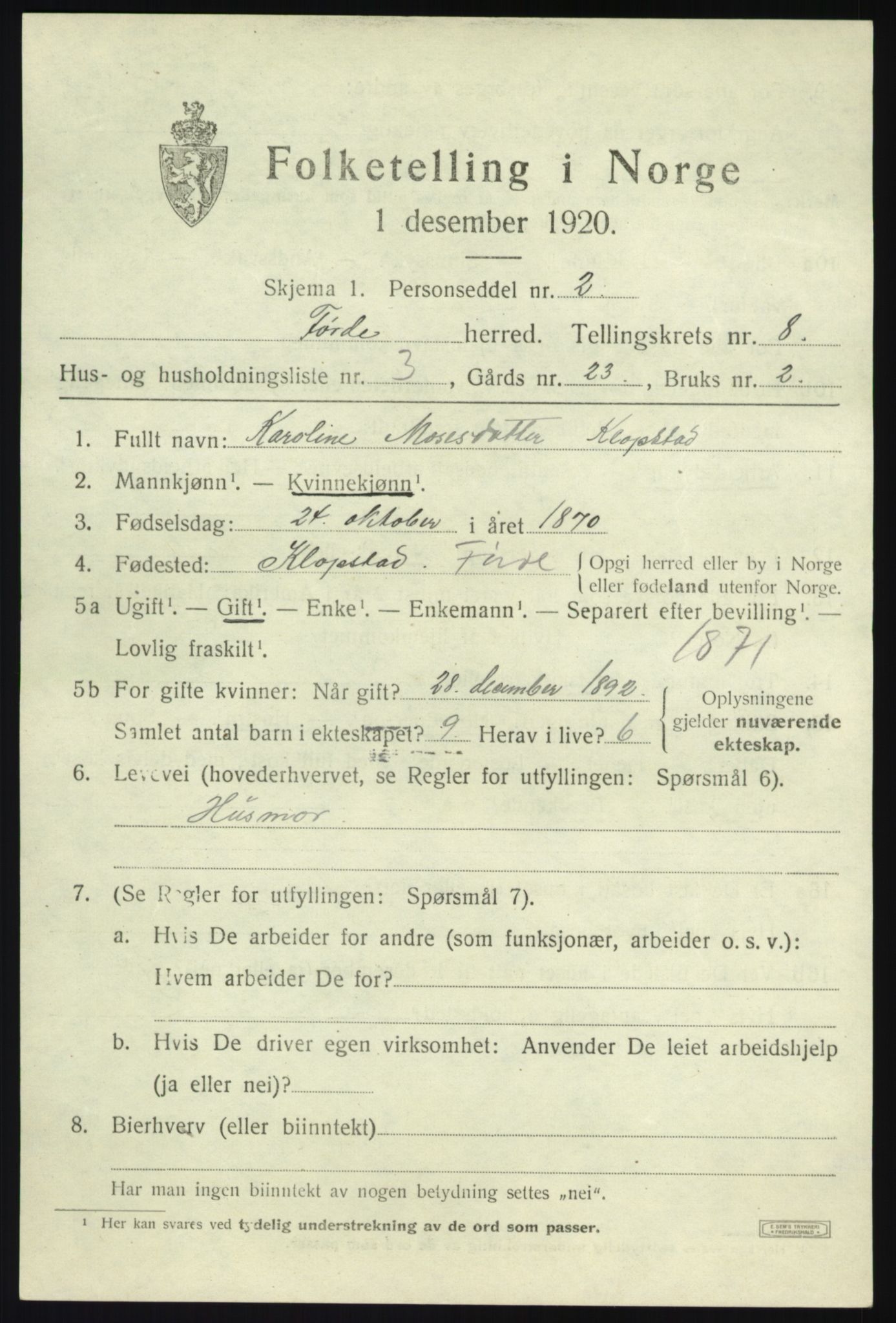 SAB, 1920 census for Førde, 1920, p. 3188