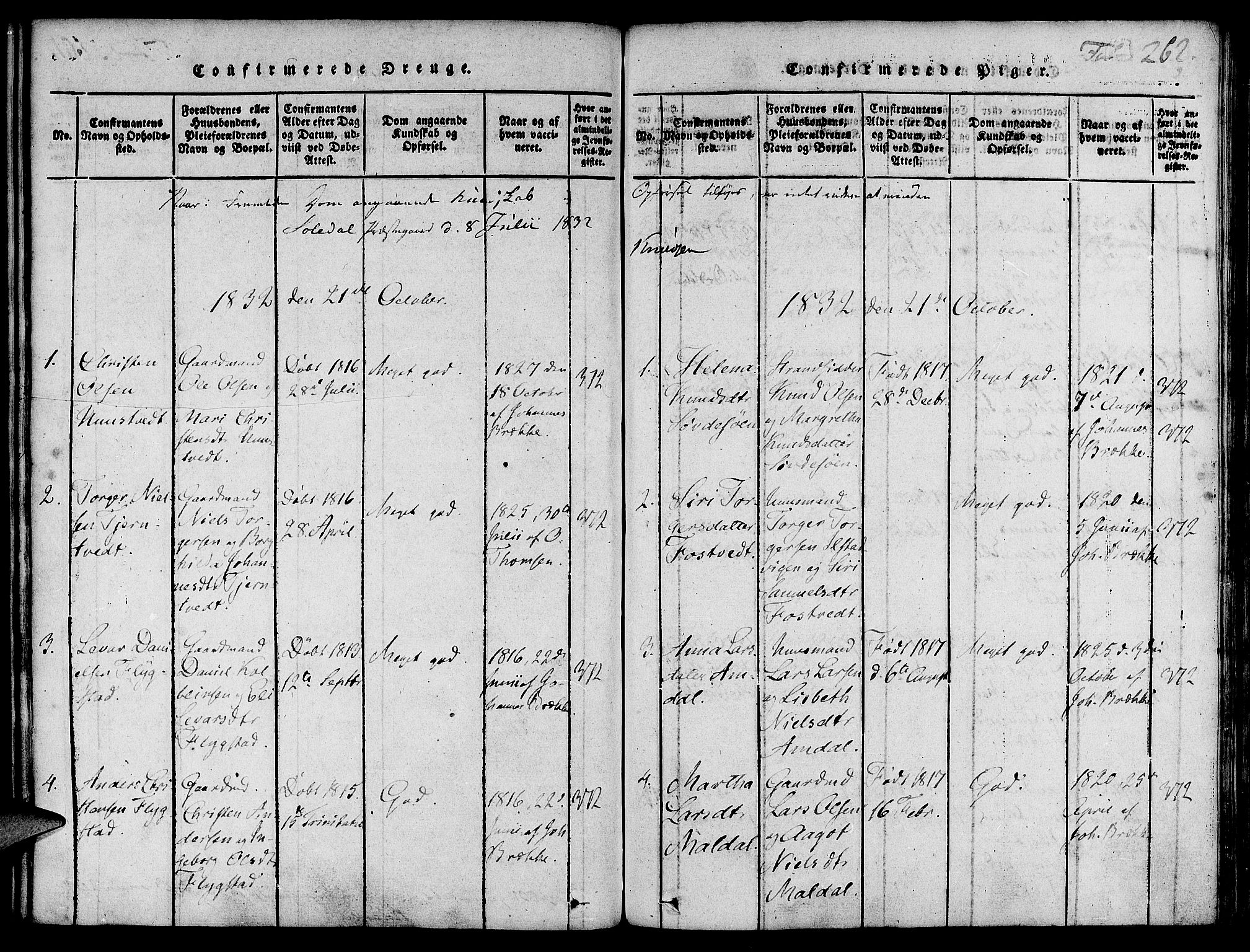 Suldal sokneprestkontor, SAST/A-101845/01/IV/L0007: Parish register (official) no. A 7, 1817-1838, p. 262