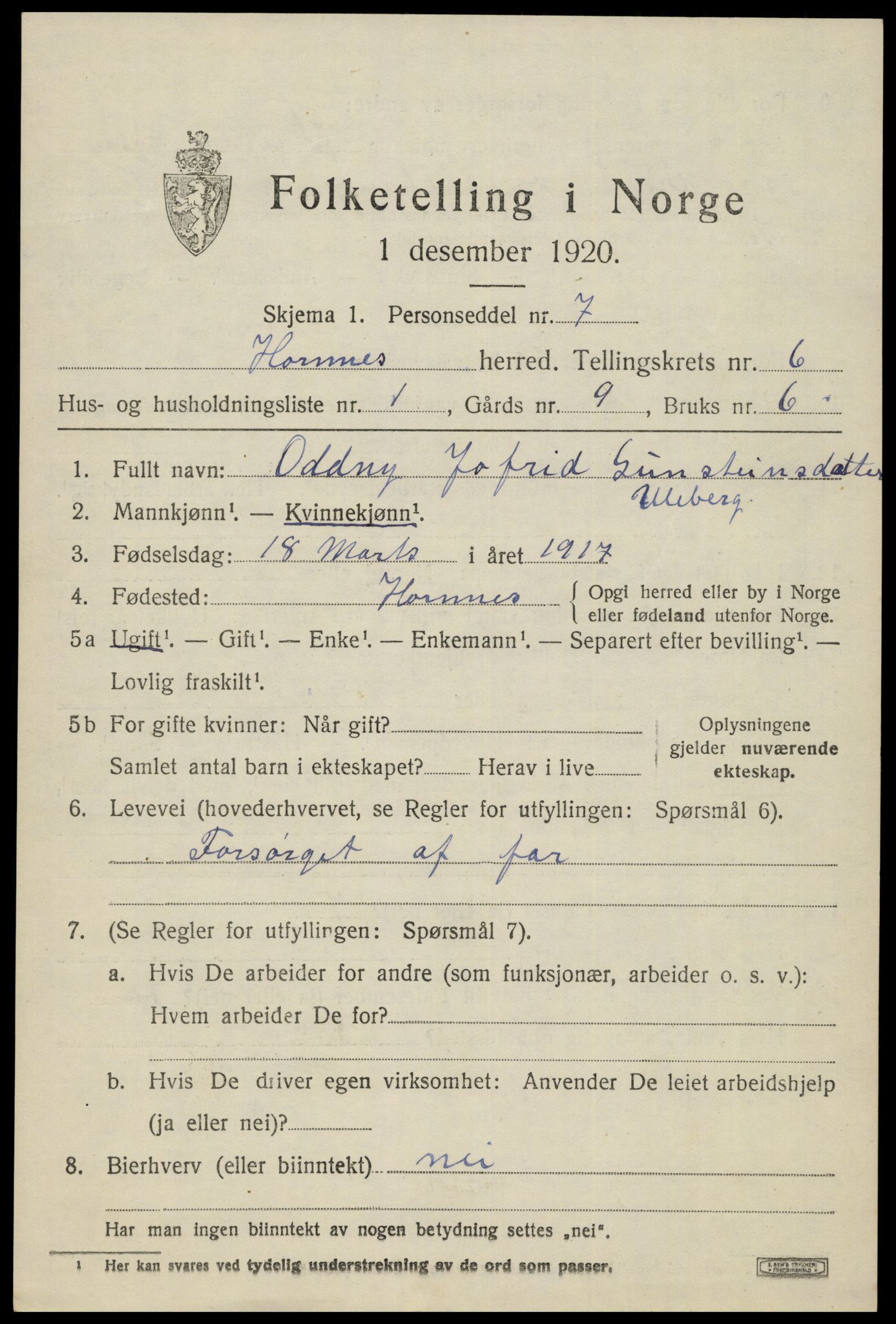 SAK, 1920 census for Hornnes, 1920, p. 1569