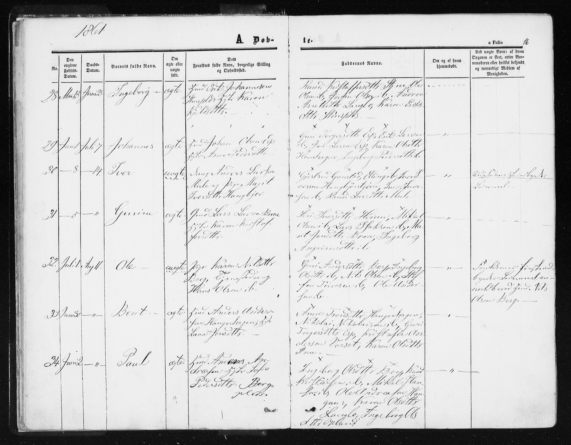 Ministerialprotokoller, klokkerbøker og fødselsregistre - Sør-Trøndelag, AV/SAT-A-1456/612/L0377: Parish register (official) no. 612A09, 1859-1877, p. 16