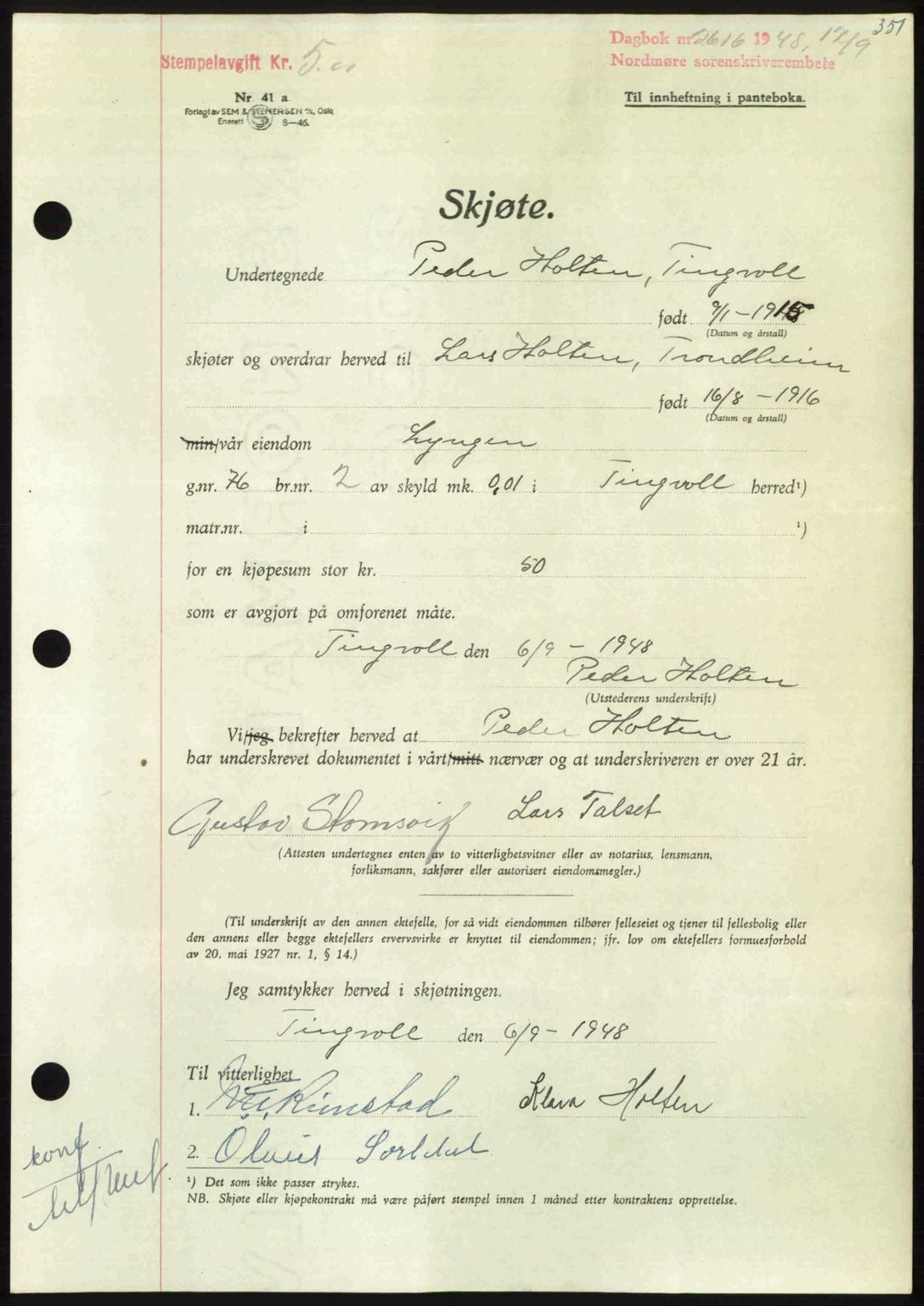 Nordmøre sorenskriveri, AV/SAT-A-4132/1/2/2Ca: Mortgage book no. A109, 1948-1948, Diary no: : 2616/1948