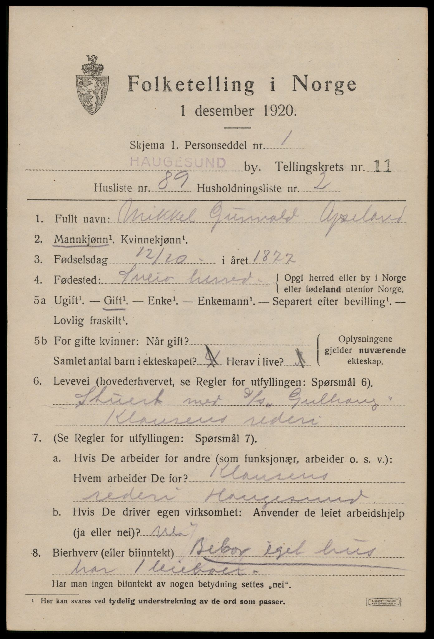 SAST, 1920 census for Haugesund, 1920, p. 37777