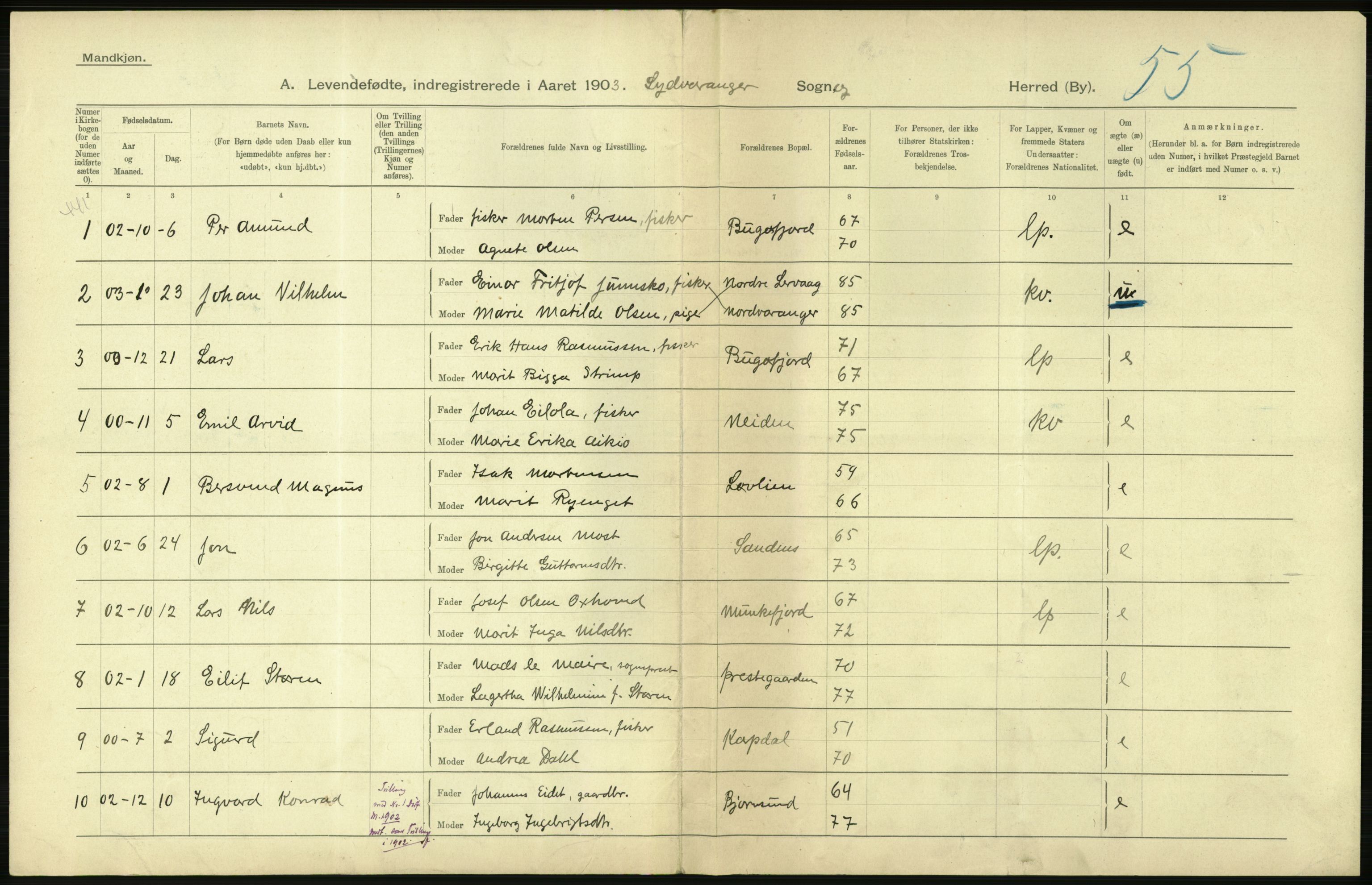 Statistisk sentralbyrå, Sosiodemografiske emner, Befolkning, AV/RA-S-2228/D/Df/Dfa/Dfaa/L0022: Finnmarkens amt: Fødte, gifte, døde., 1903, p. 14