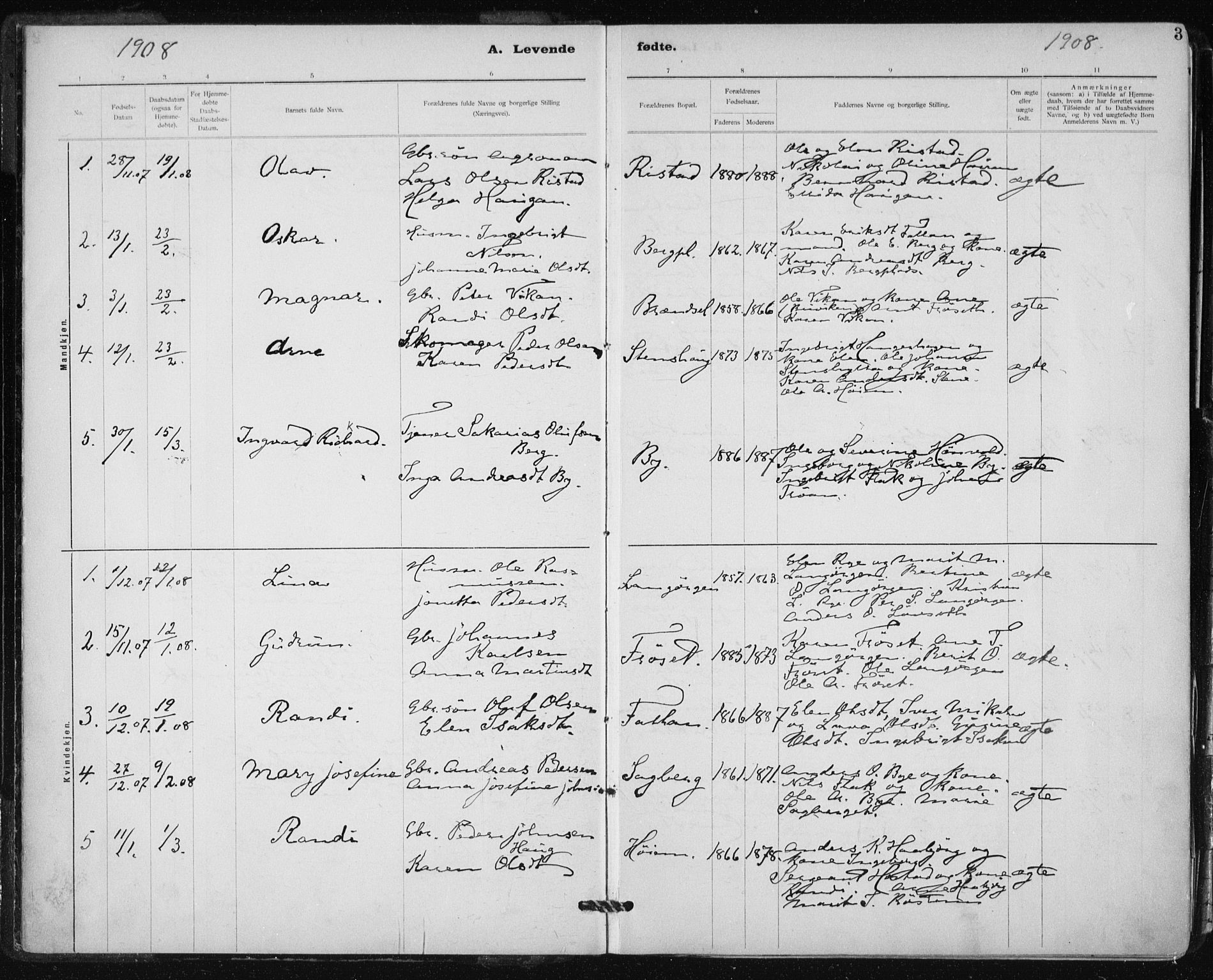 Ministerialprotokoller, klokkerbøker og fødselsregistre - Sør-Trøndelag, AV/SAT-A-1456/612/L0381: Parish register (official) no. 612A13, 1907-1923, p. 3