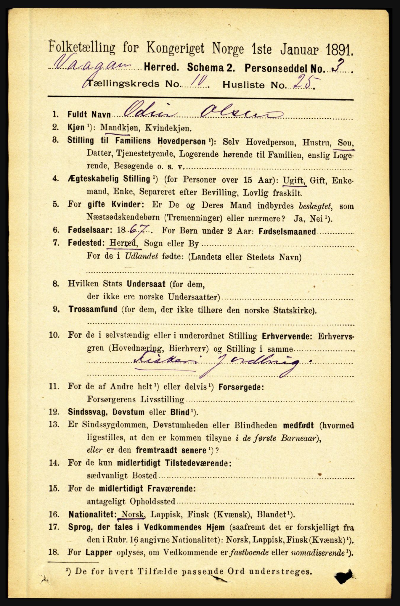 RA, 1891 census for 1865 Vågan, 1891, p. 2705