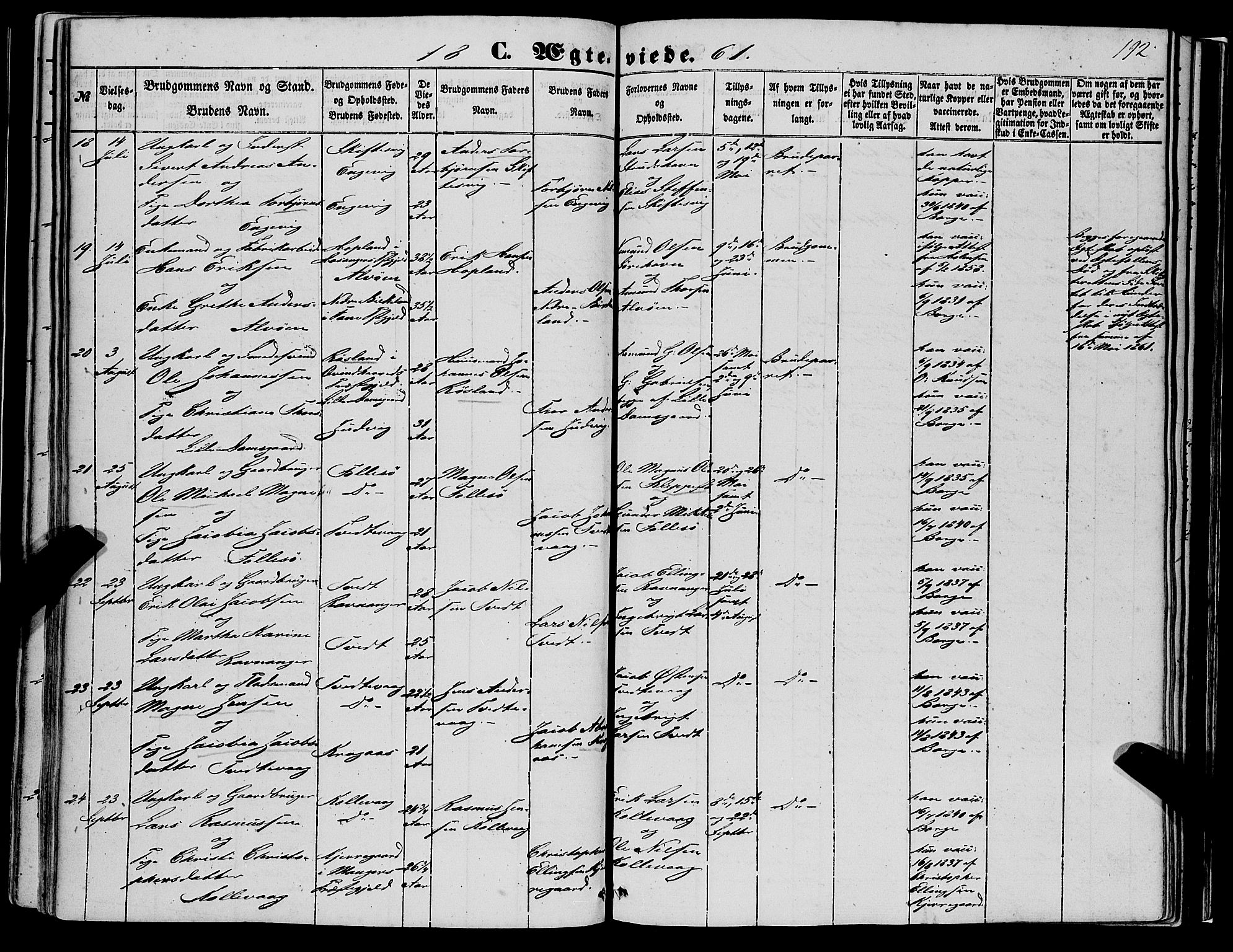 Askøy Sokneprestembete, AV/SAB-A-74101/H/Ha/Haa/Haaa/L0008: Parish register (official) no. A 8, 1852-1862, p. 192