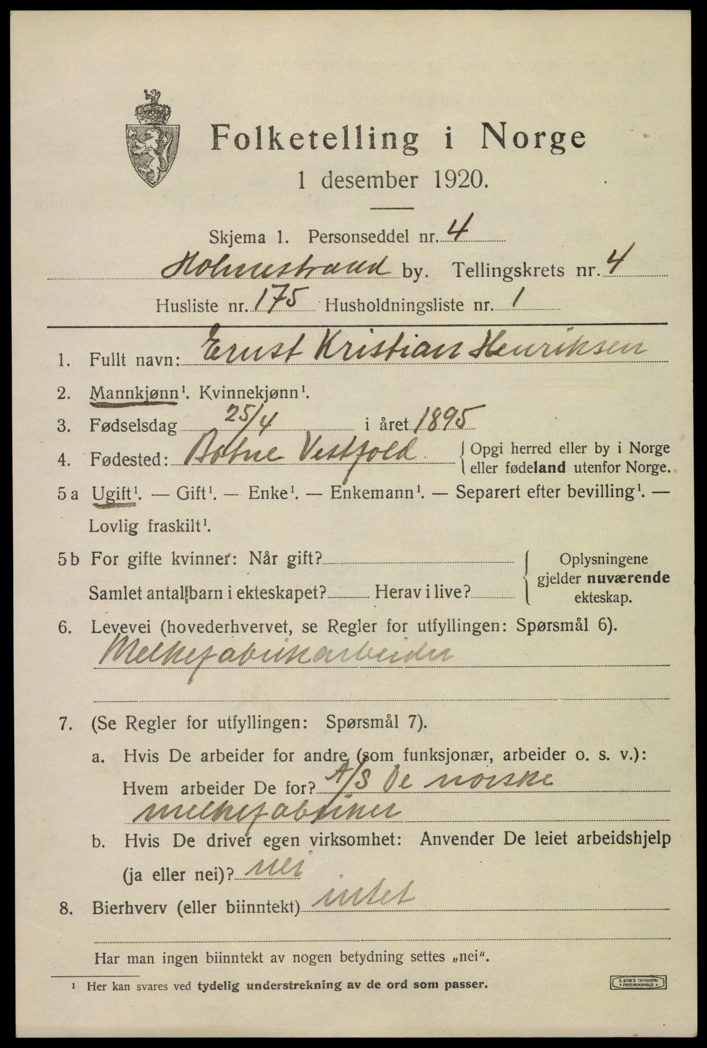 SAKO, 1920 census for Holmestrand, 1920, p. 5208