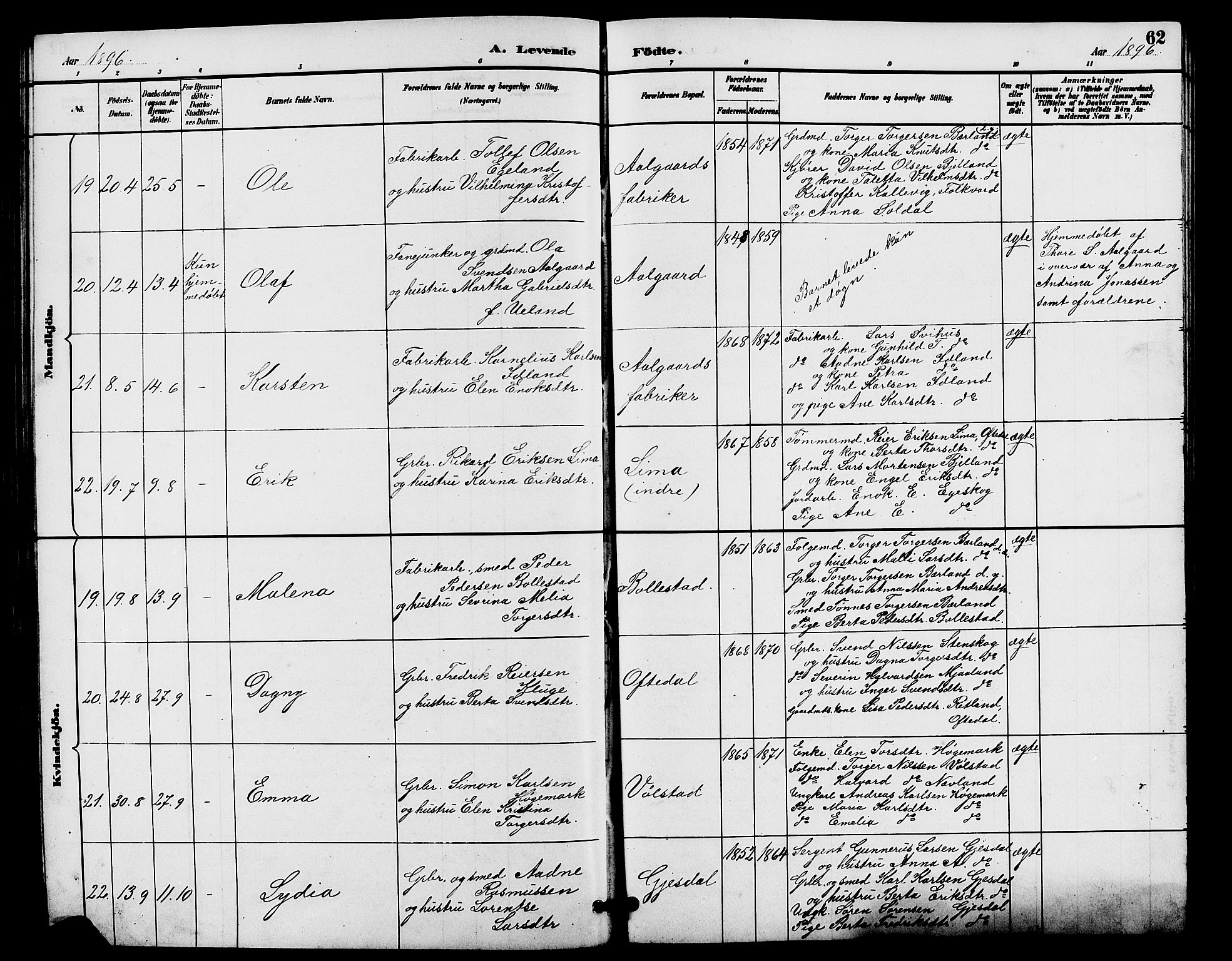 Lye sokneprestkontor, AV/SAST-A-101794/001/30BB/L0008: Parish register (copy) no. B 7, 1887-1901, p. 62