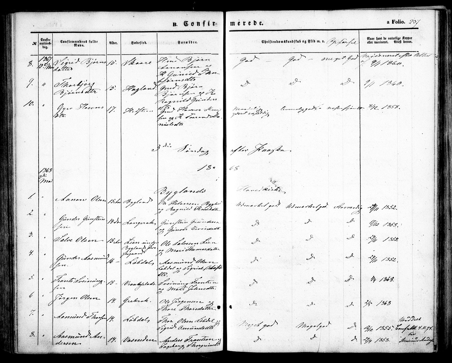 Bygland sokneprestkontor, SAK/1111-0006/F/Fa/Fab/L0005: Parish register (official) no. A 5, 1859-1873, p. 237