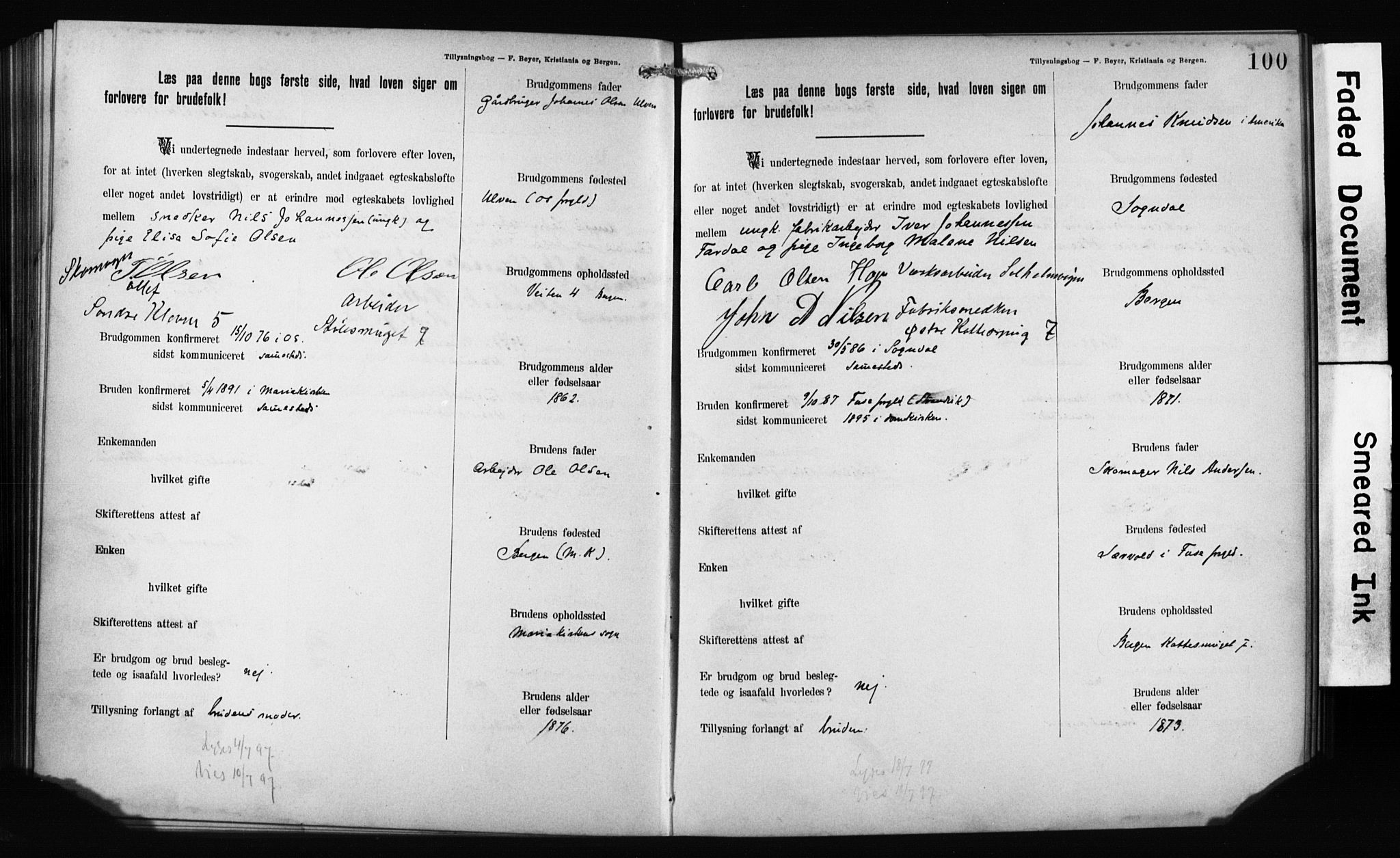 Mariakirken Sokneprestembete, AV/SAB-A-76901: Best man's statements no. II.5.1, 1891-1901, p. 100