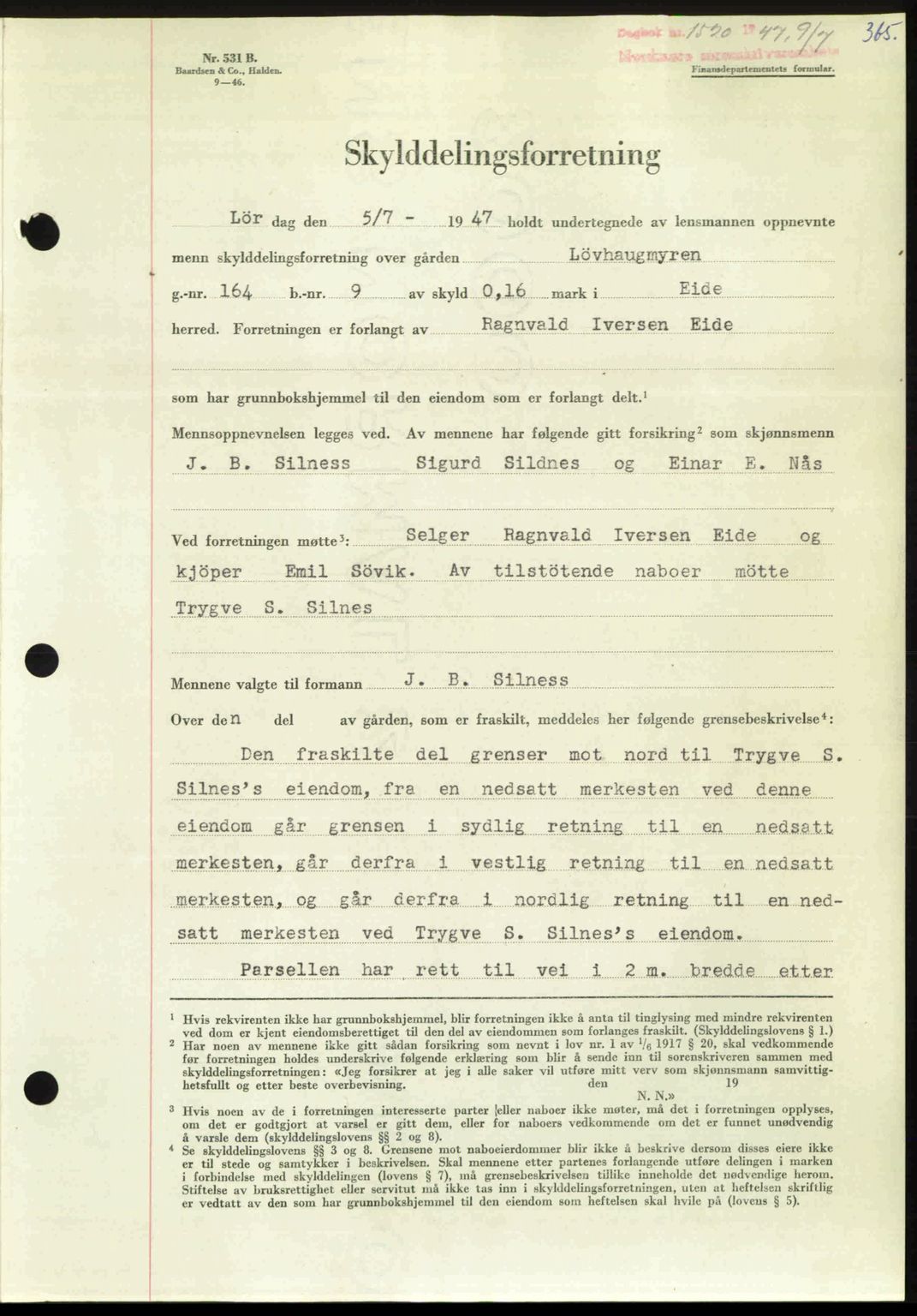 Nordmøre sorenskriveri, AV/SAT-A-4132/1/2/2Ca: Mortgage book no. A105, 1947-1947, Diary no: : 1520/1947