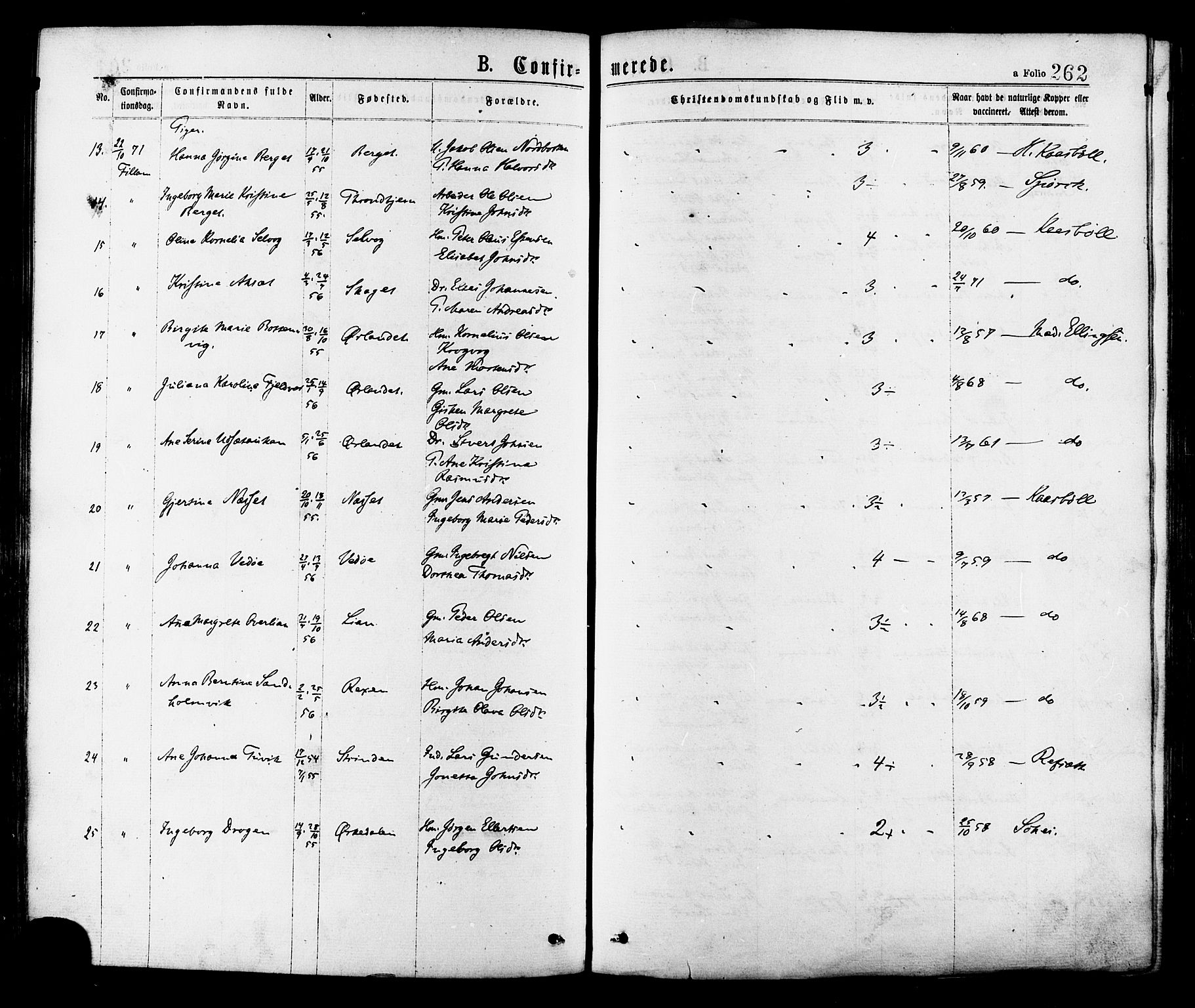 Ministerialprotokoller, klokkerbøker og fødselsregistre - Sør-Trøndelag, SAT/A-1456/634/L0532: Parish register (official) no. 634A08, 1871-1881, p. 262