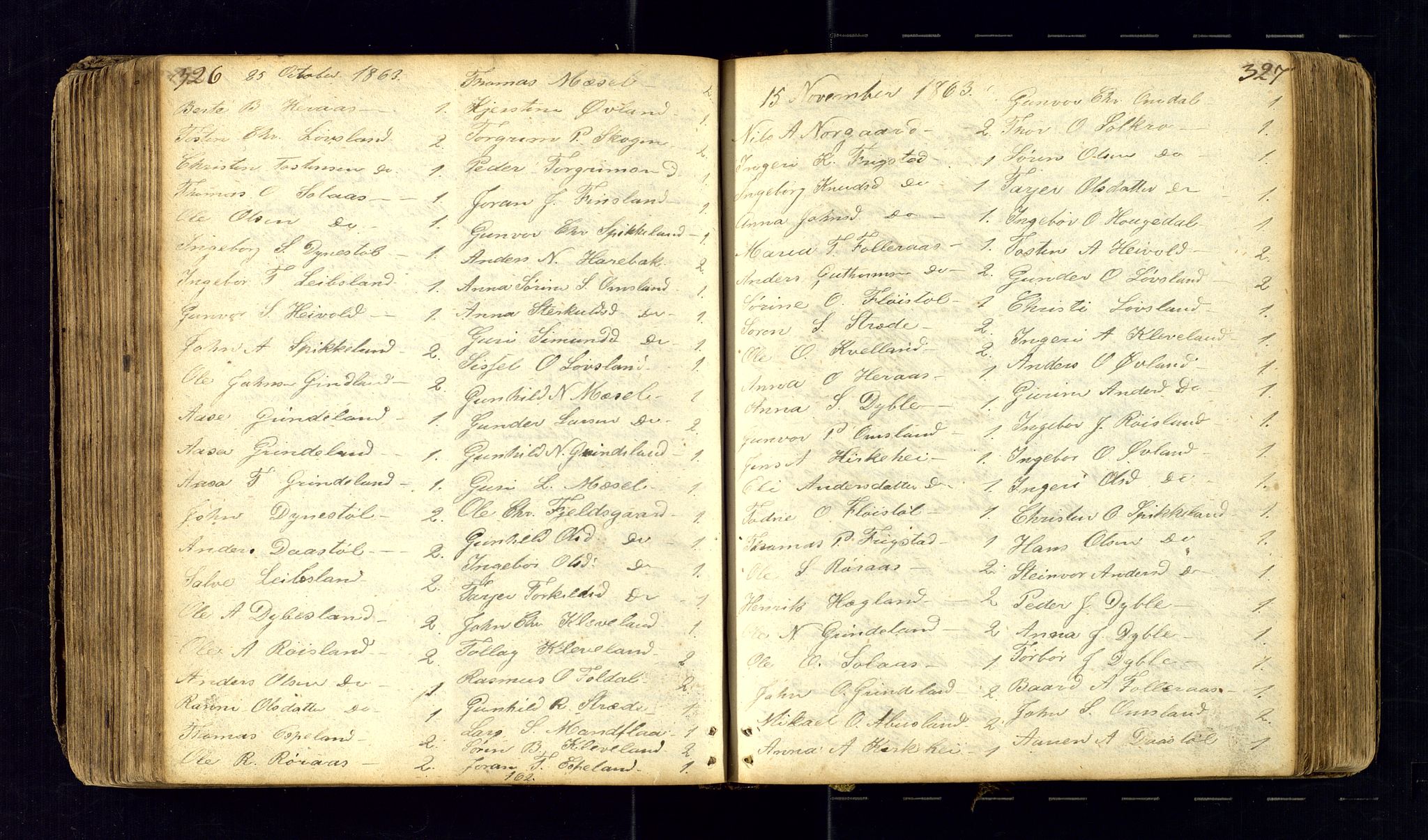 Bjelland sokneprestkontor, AV/SAK-1111-0005/F/Fc/Fcb/L0001: Communicants register no. C-1, 1827-1906, p. 326-327