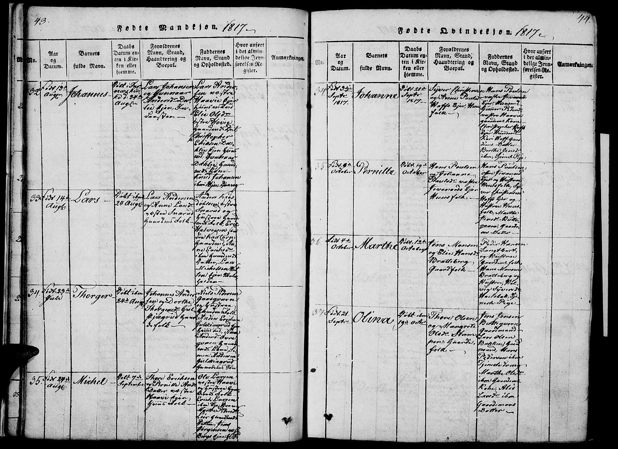 Vang prestekontor, Hedmark, AV/SAH-PREST-008/H/Ha/Haa/L0008: Parish register (official) no. 8, 1815-1826, p. 43-44