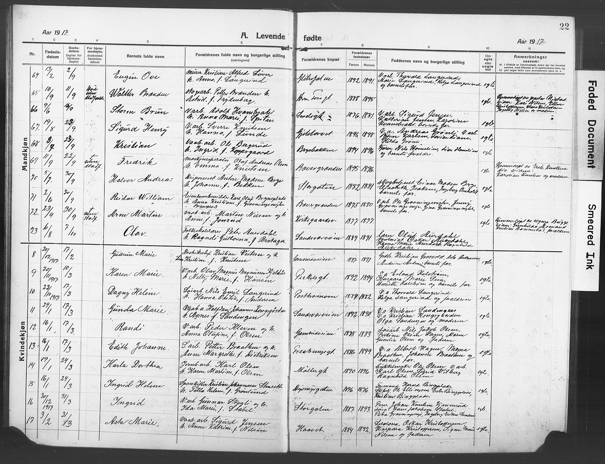 Kongsberg kirkebøker, AV/SAKO-A-22/G/Ga/L0008: Parish register (copy) no. 8, 1915-1932, p. 22