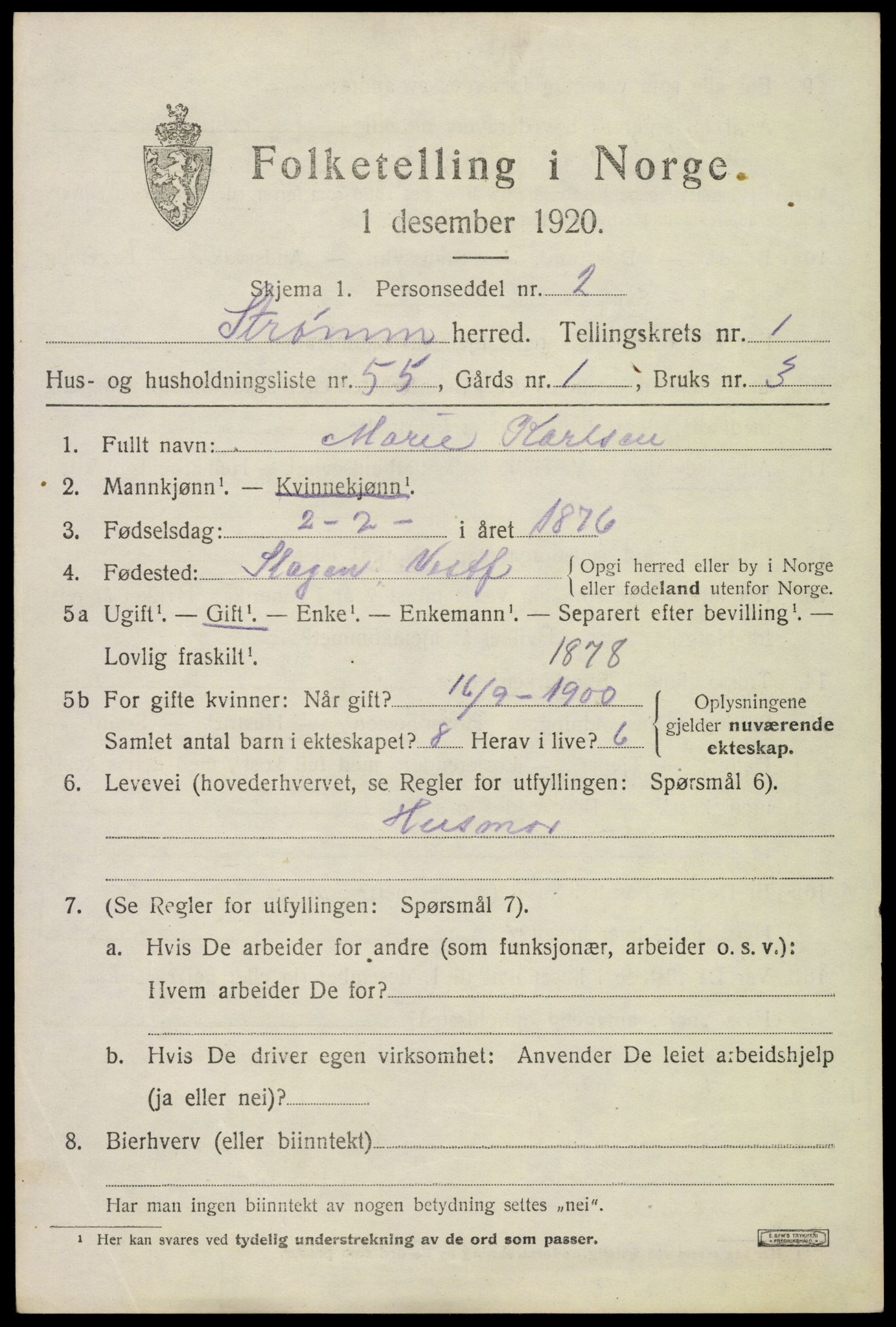 SAKO, 1920 census for Strømm, 1920, p. 1489