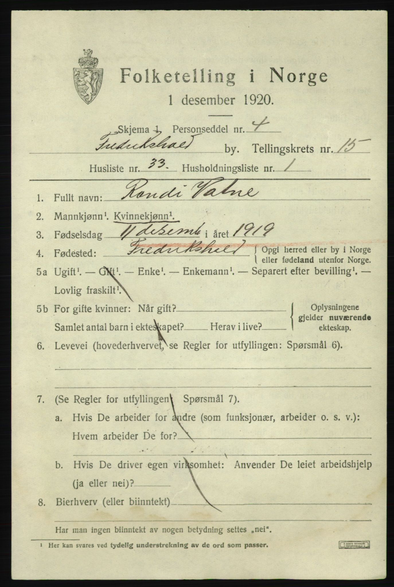 SAO, 1920 census for Fredrikshald, 1920, p. 23980
