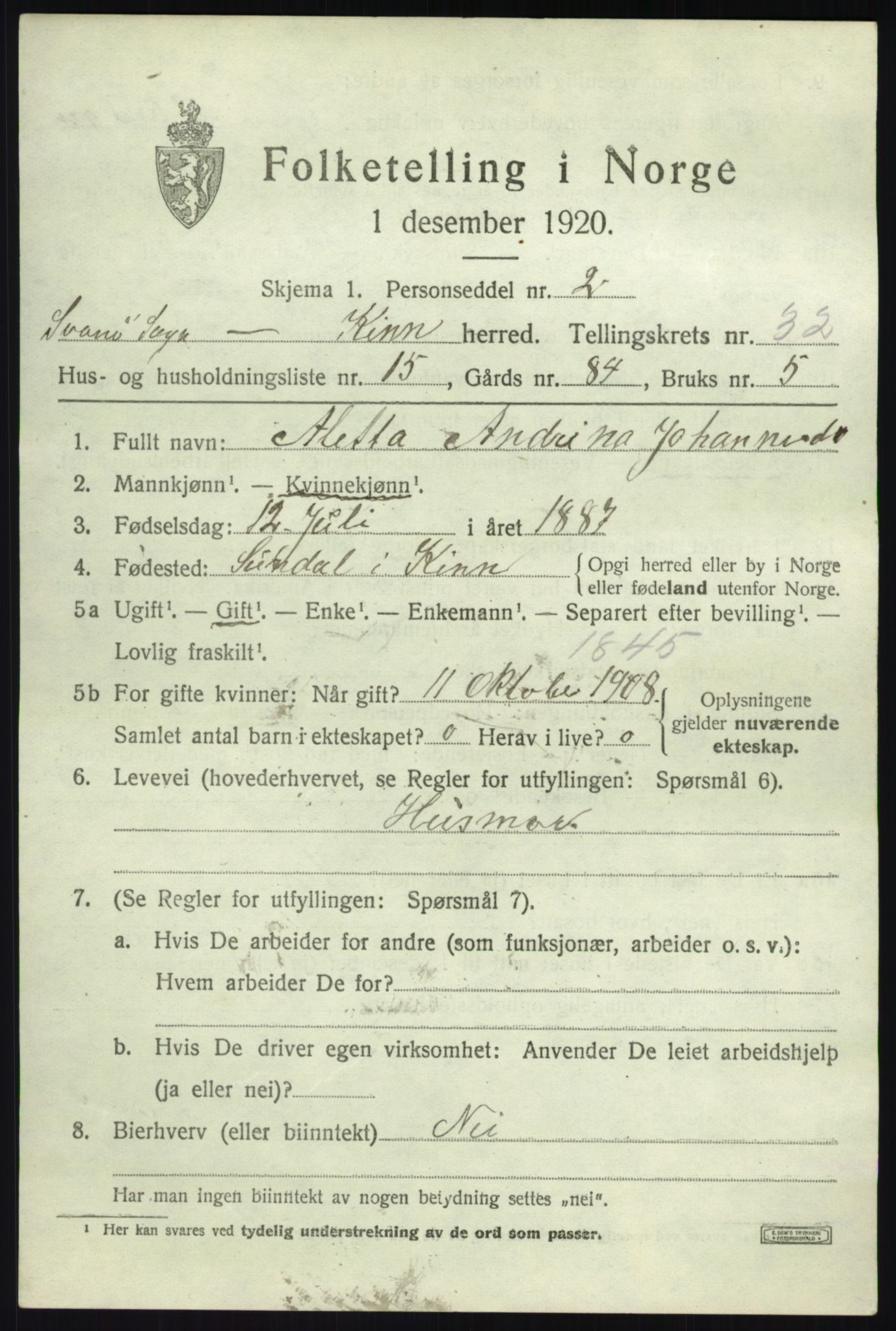 SAB, 1920 census for Kinn, 1920, p. 10887