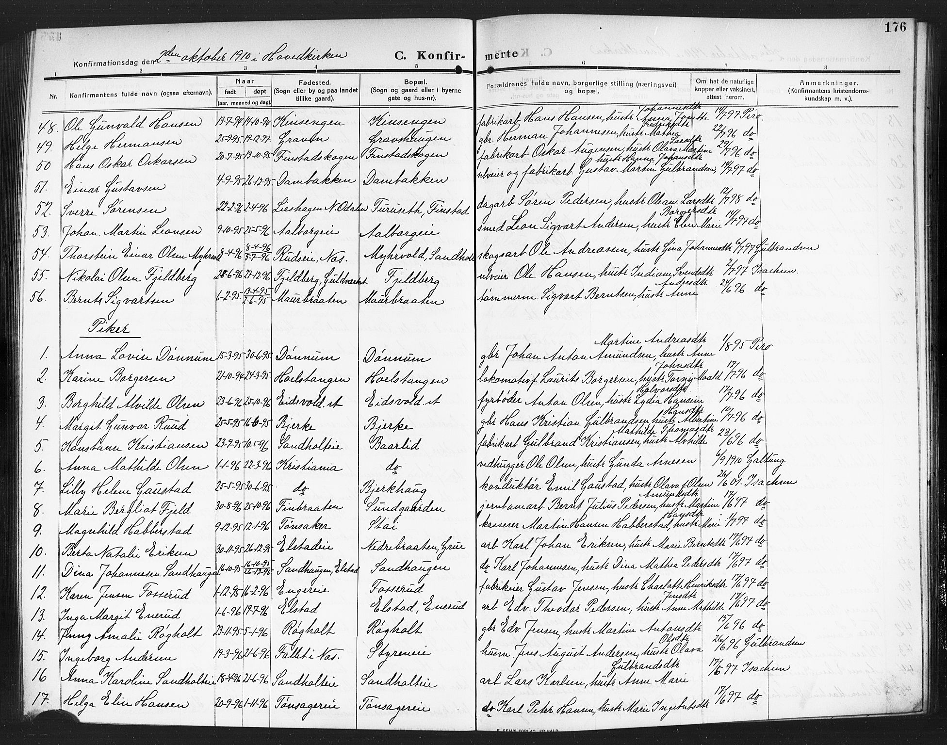 Eidsvoll prestekontor Kirkebøker, SAO/A-10888/G/Ga/L0008: Parish register (copy) no. I 8, 1909-1918, p. 176