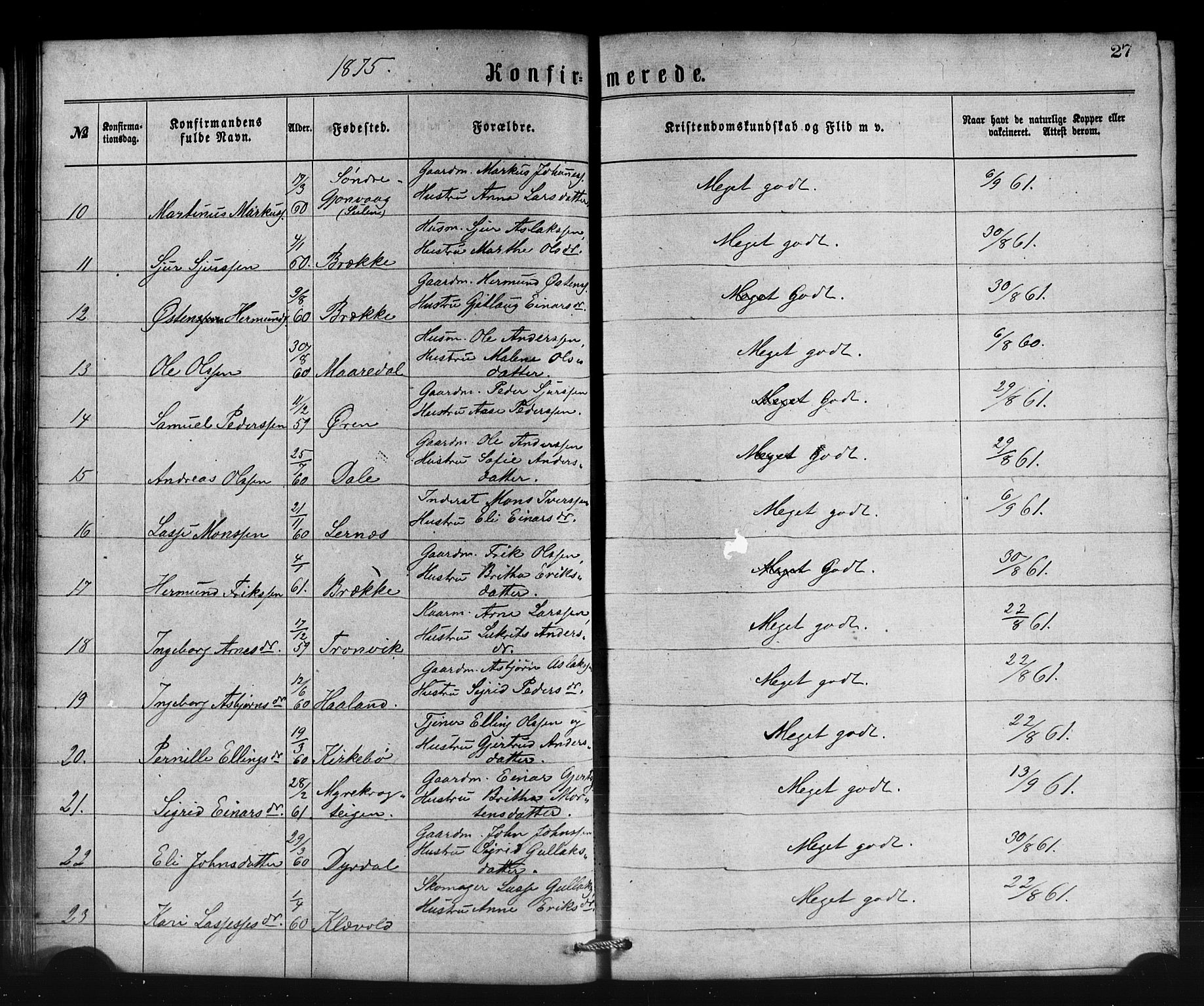 Lavik sokneprestembete, AV/SAB-A-80901: Parish register (copy) no. B 2, 1870-1881, p. 27