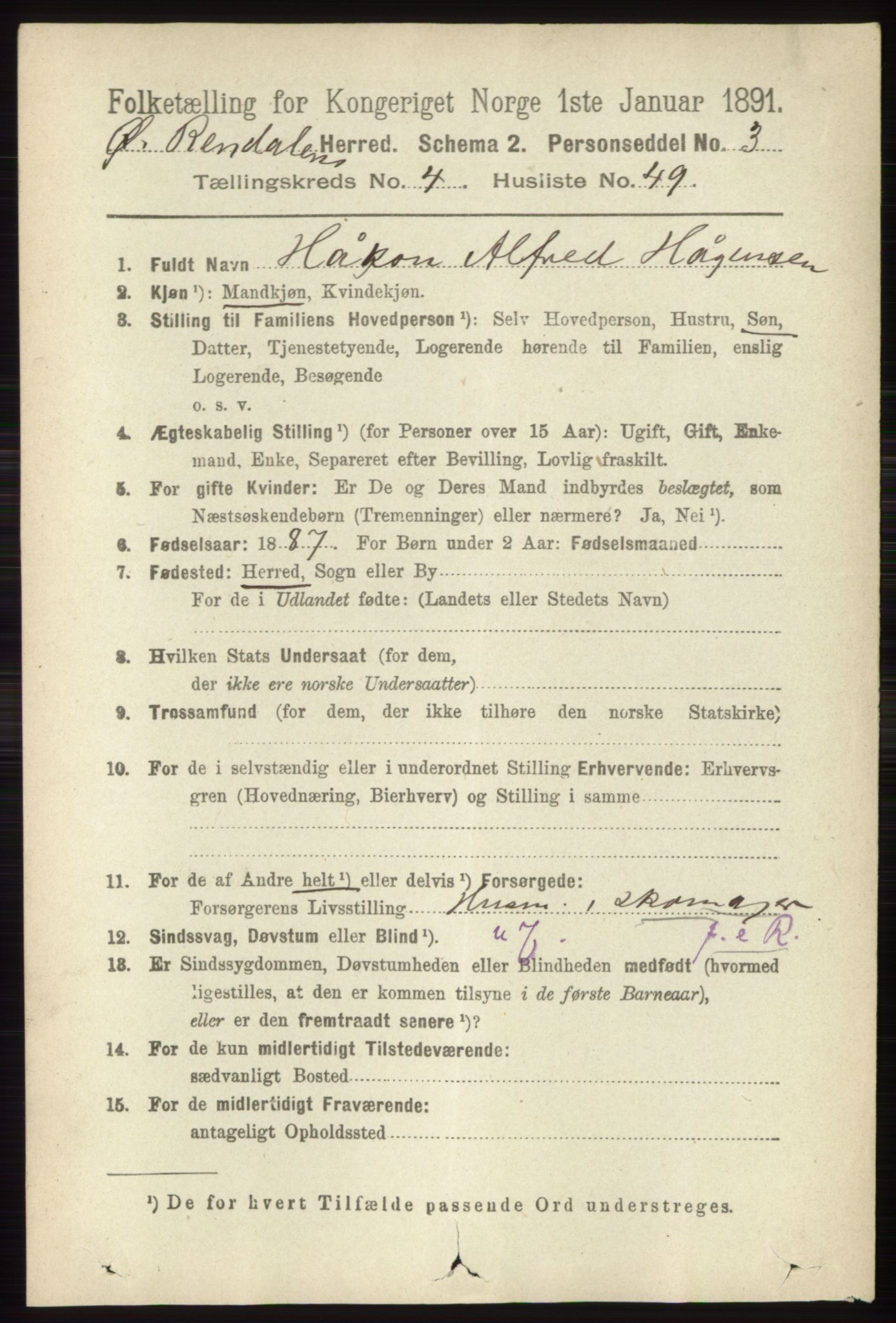 RA, 1891 census for 0433 Øvre Rendal, 1891, p. 1261